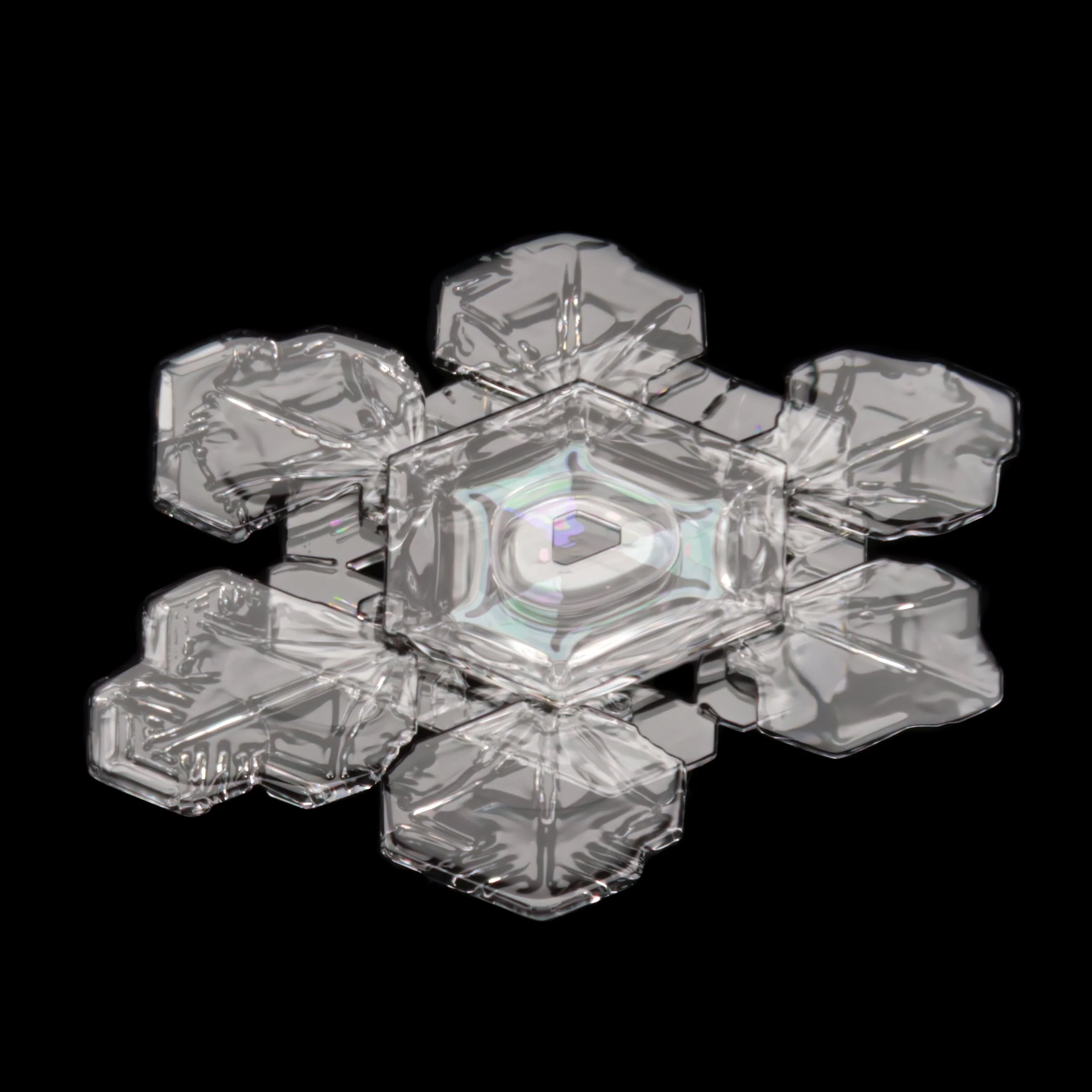 Macro photograph of a clear, intricately designed ice flower-shaped snow crystal with a colourful center from thin film interference.