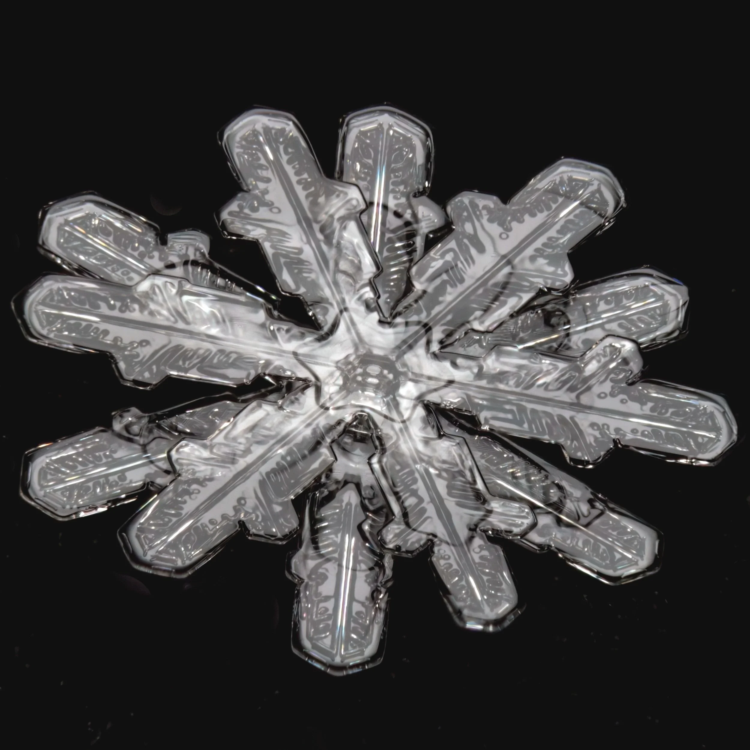 Macro photograph of a transparent 12-branched snowflake.