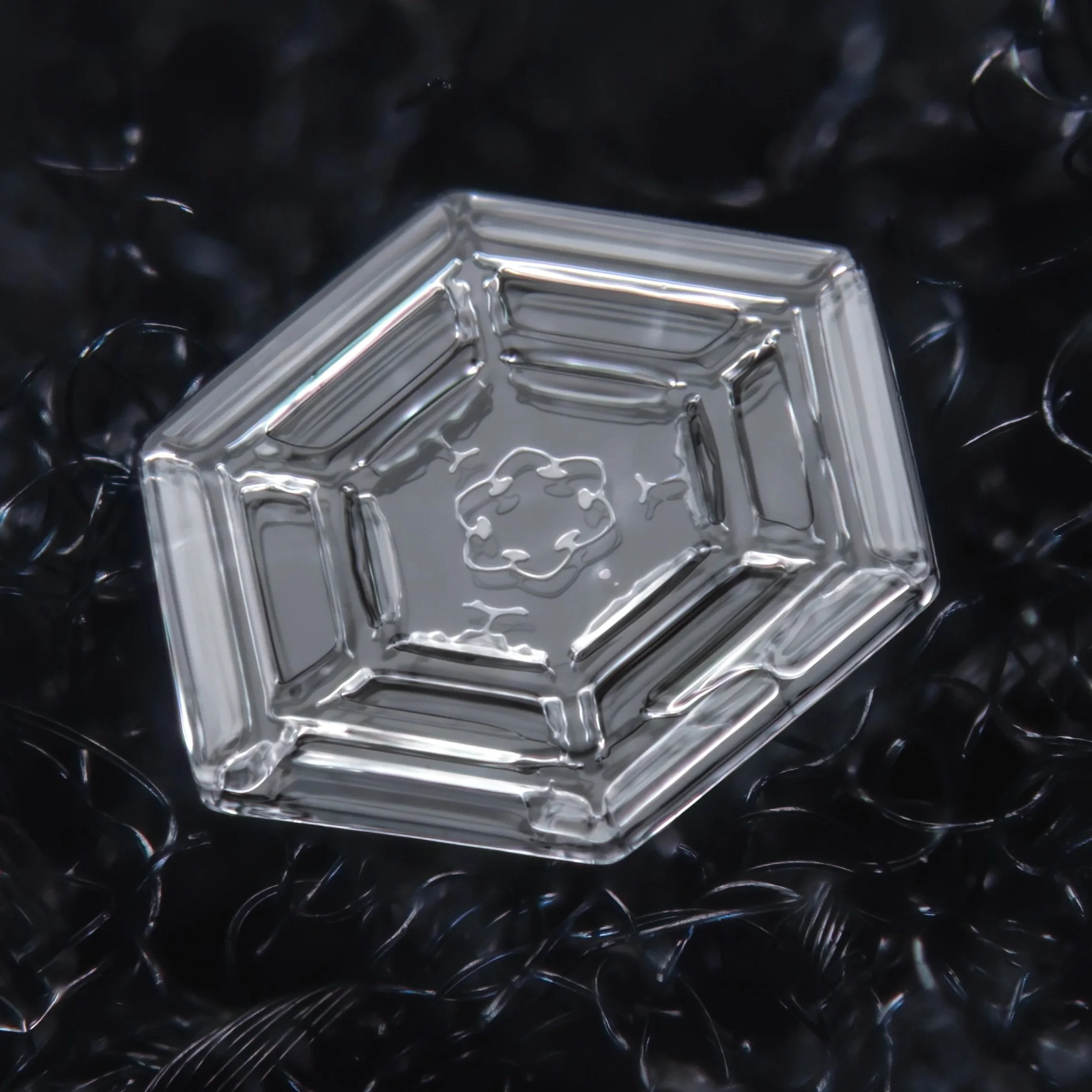 Macro photograph of a clear glassy hexagonal plate-shaped snow crystal with intricate geometric patterns.