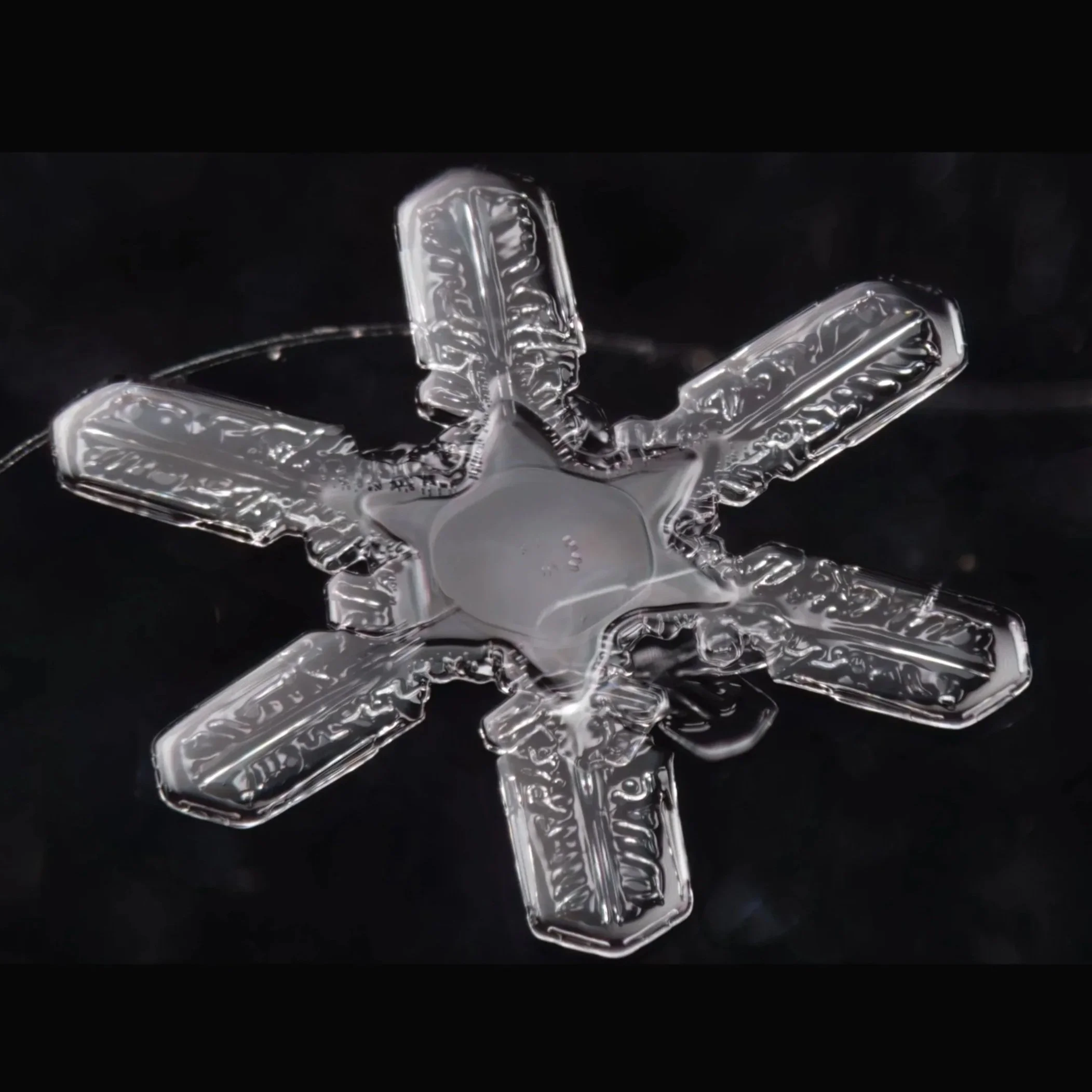 Macro photograph of a detailed, transparent stellar dendrite snowflake.