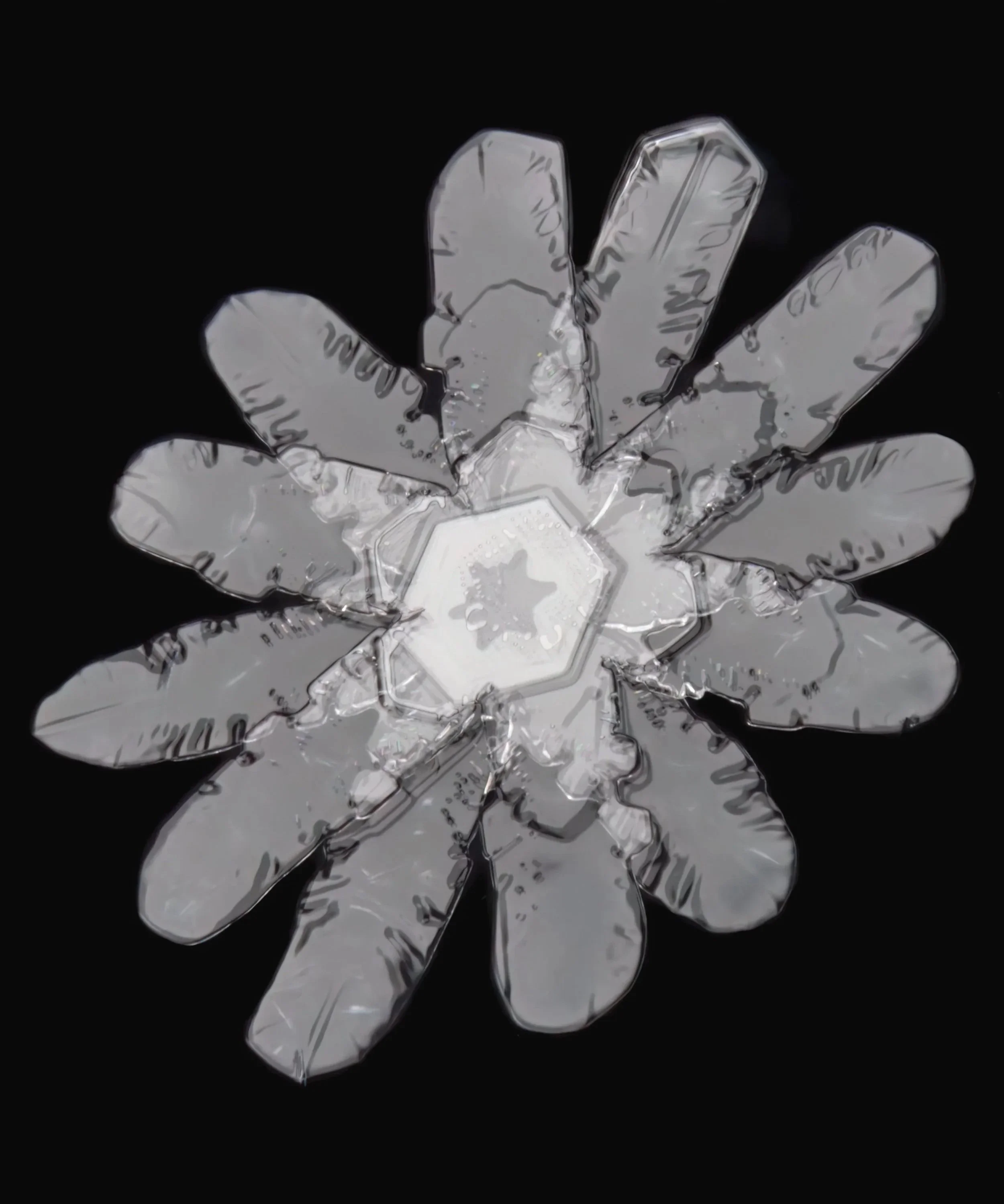 Macro photograph of a rare twelve-branched snowflake with intricate patterns, captured in Oulu, Finland.