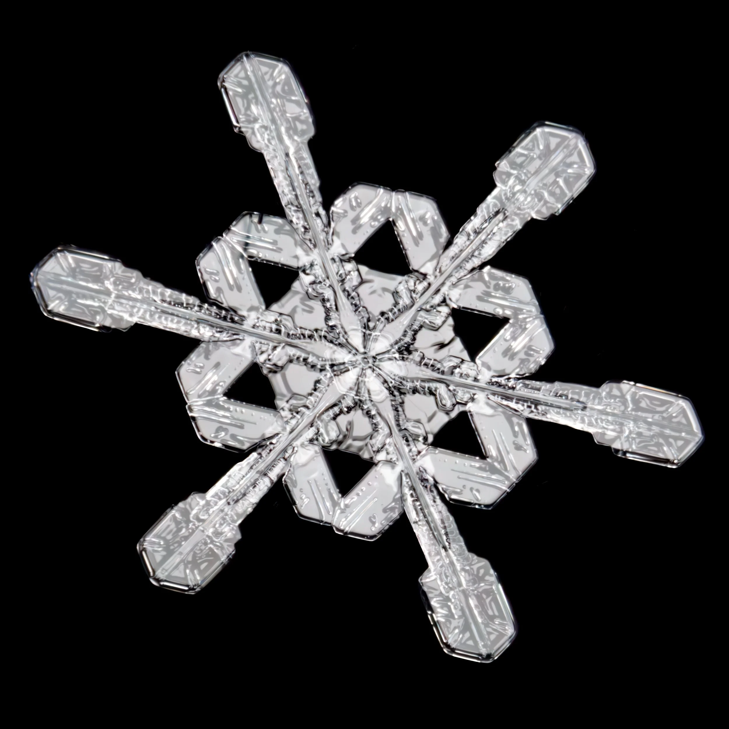 Macro photograph of a transparent stellar dendrite snowflake with intricate details.