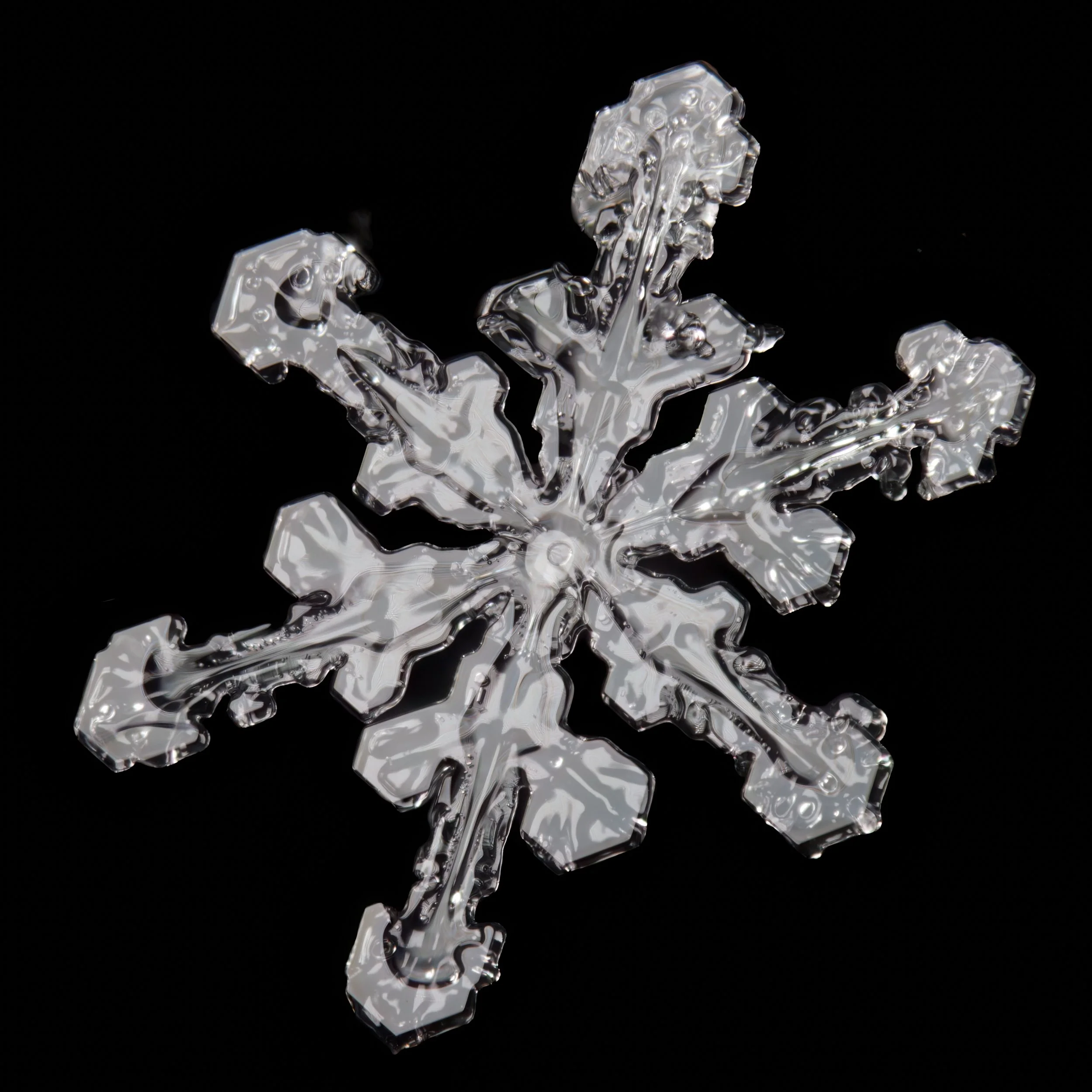 Macro photograph of an intricate stellar dendrite snowflake.