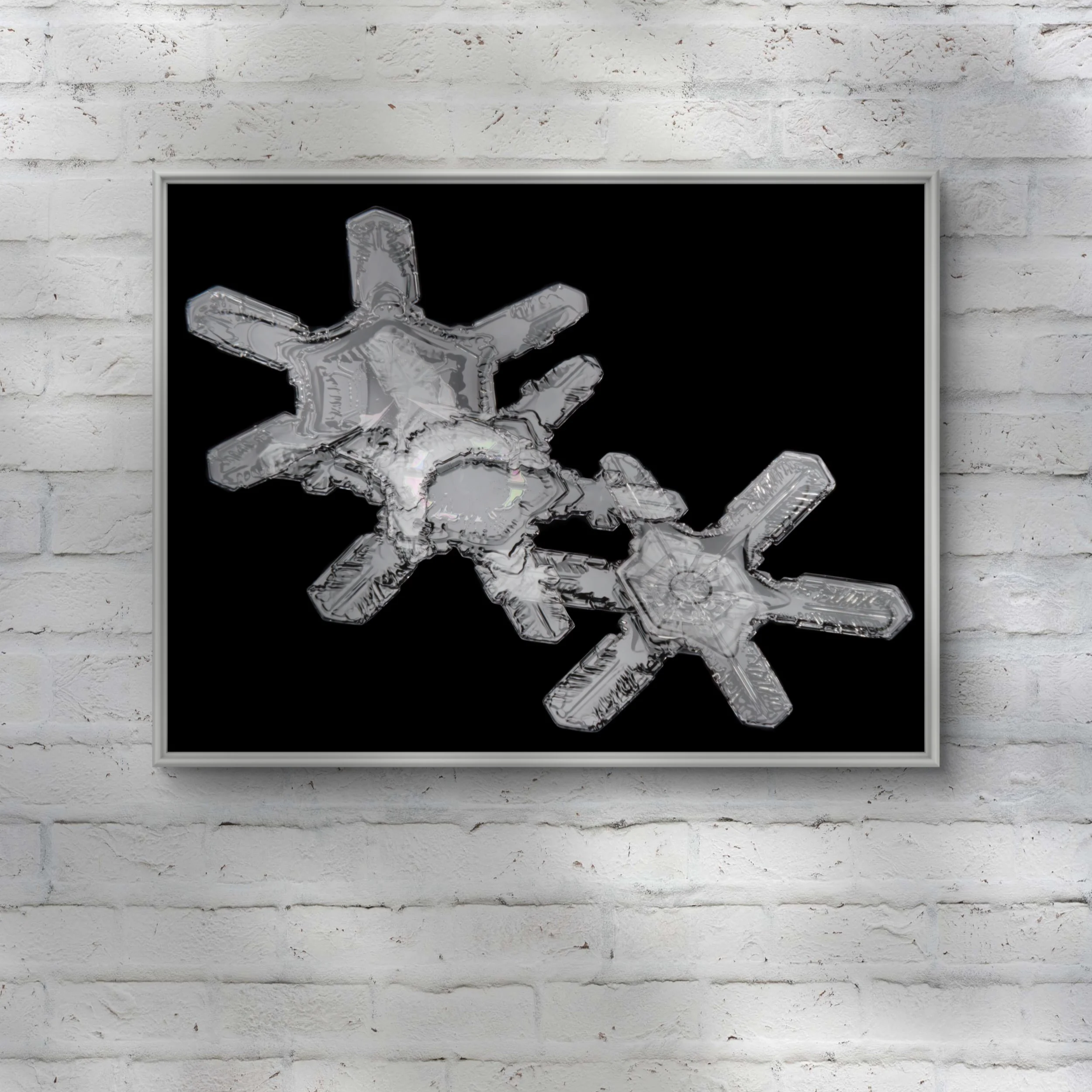 A crystalline ice structure formed of three transparent dendrited, glowing like layered frozen glass.