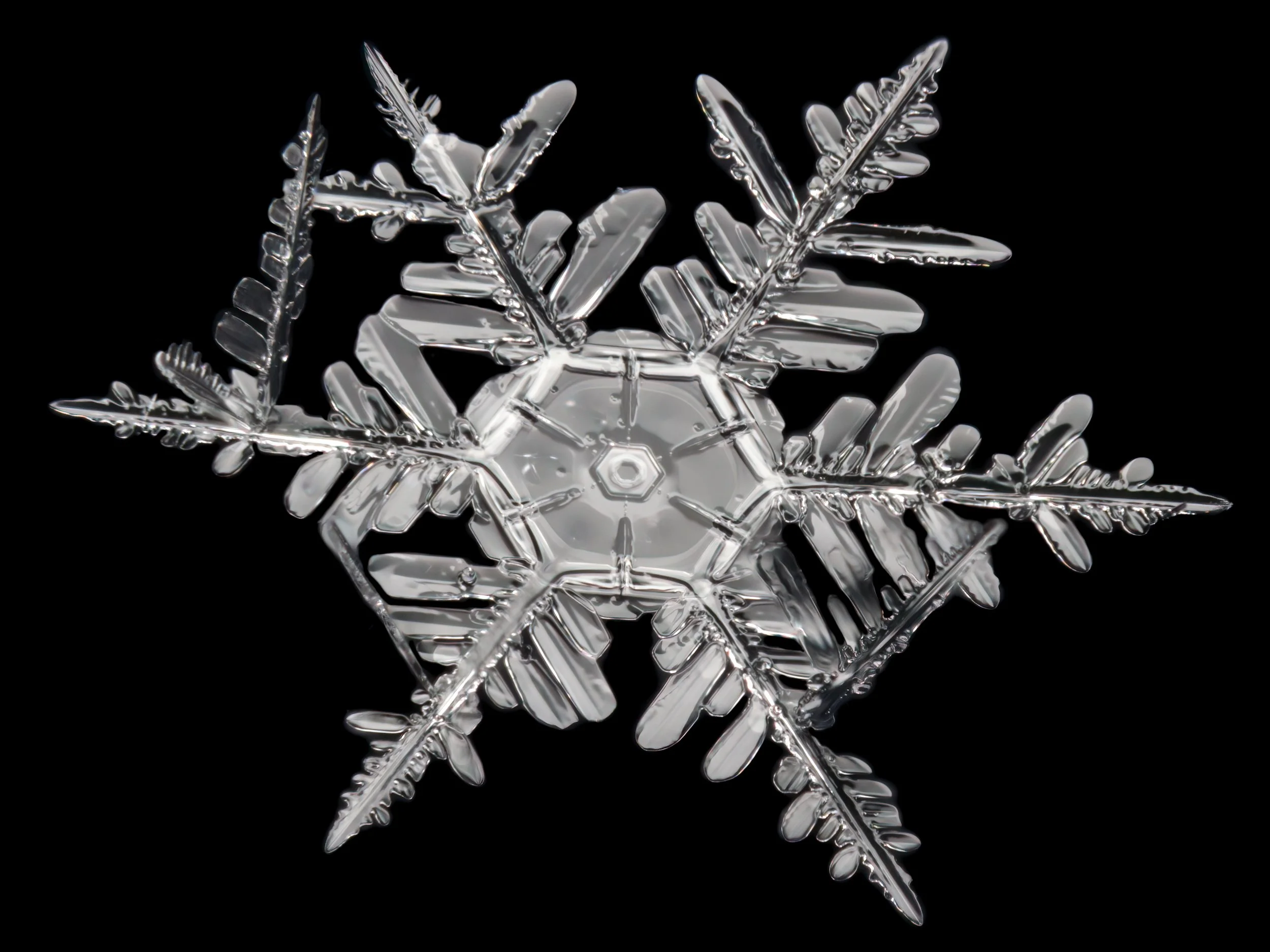 Macro photograph of a stellar dendrite snowflake with a large hexagonal center part.