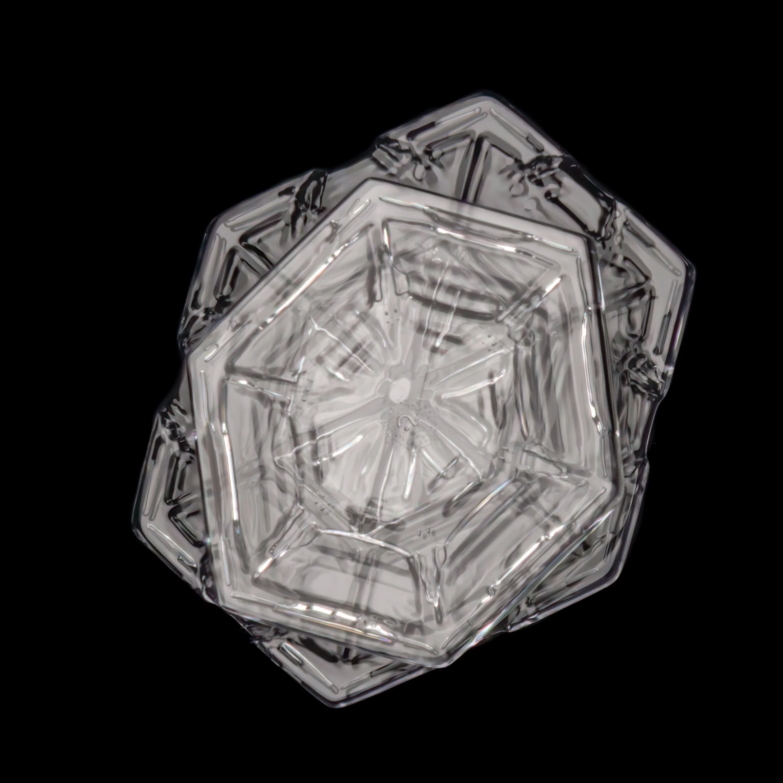 A macro photograph of two plate shaped snow crystals overlapping each other, with patterns of both clearly visible.
