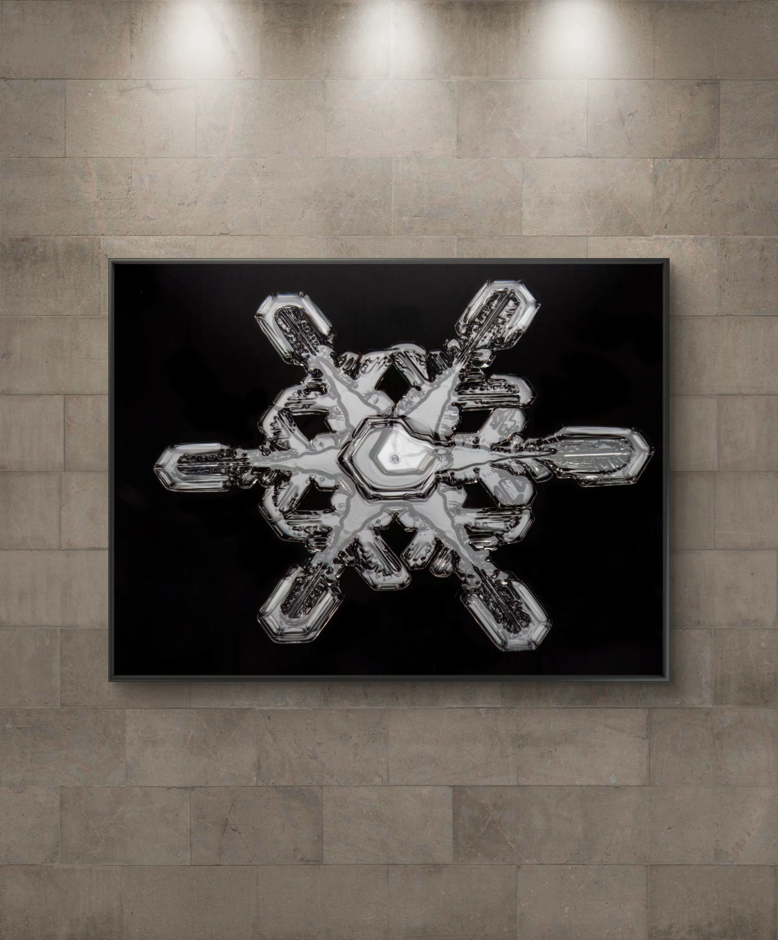 A wall-mounted modern art piece featuring a large stellar dendrite snowflake with clear and metallic structure on a black background and mounted on a beige tiled wall.