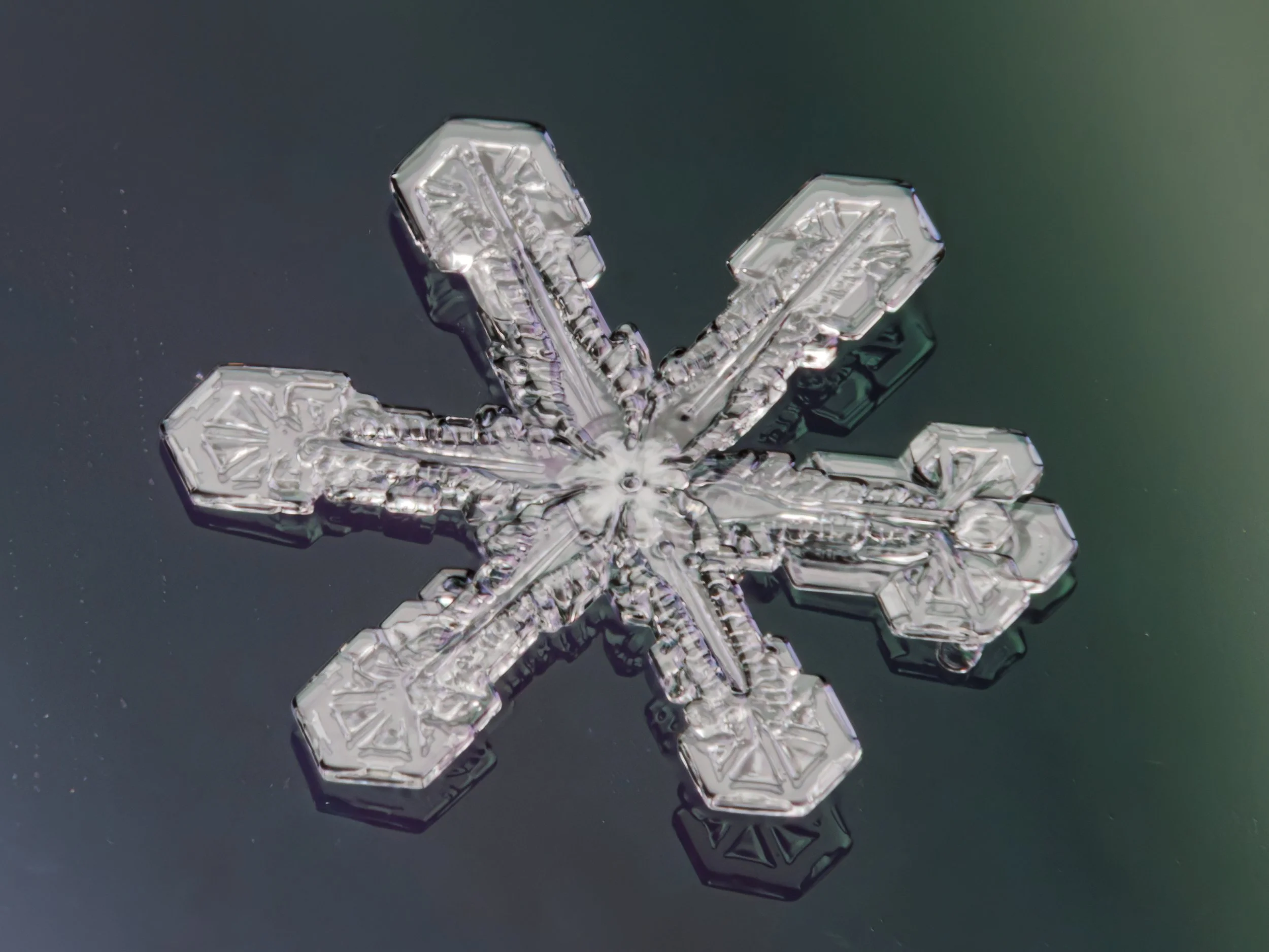 Macro photograph of a clear, six-sided snowflake with intricate hexagonal patterns, resting on a dark, reflective surface.