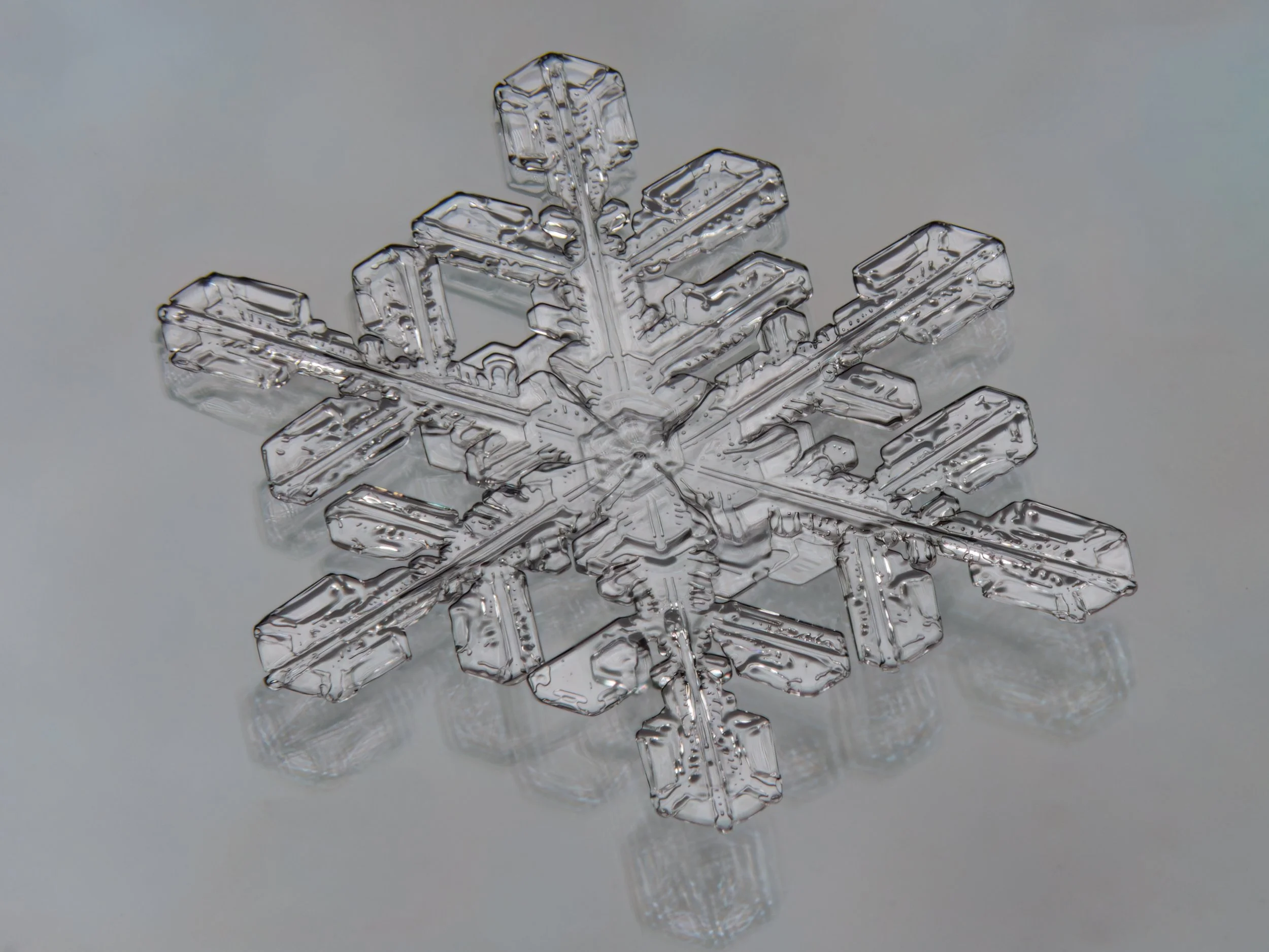 Macro photograph of a clear stellar dendrite snowflake with large branches on glass.