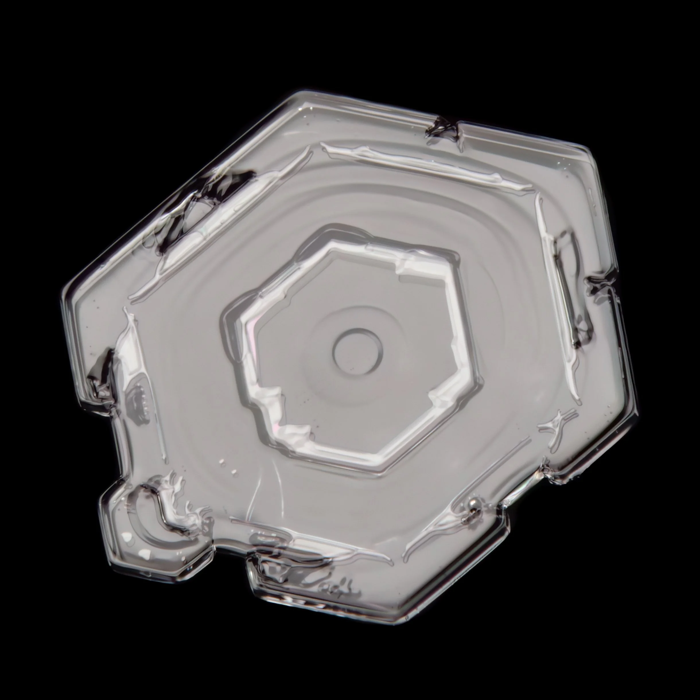 Macro photograph of a clear plate shaped snow crystal photographed in Oulu, Finland.