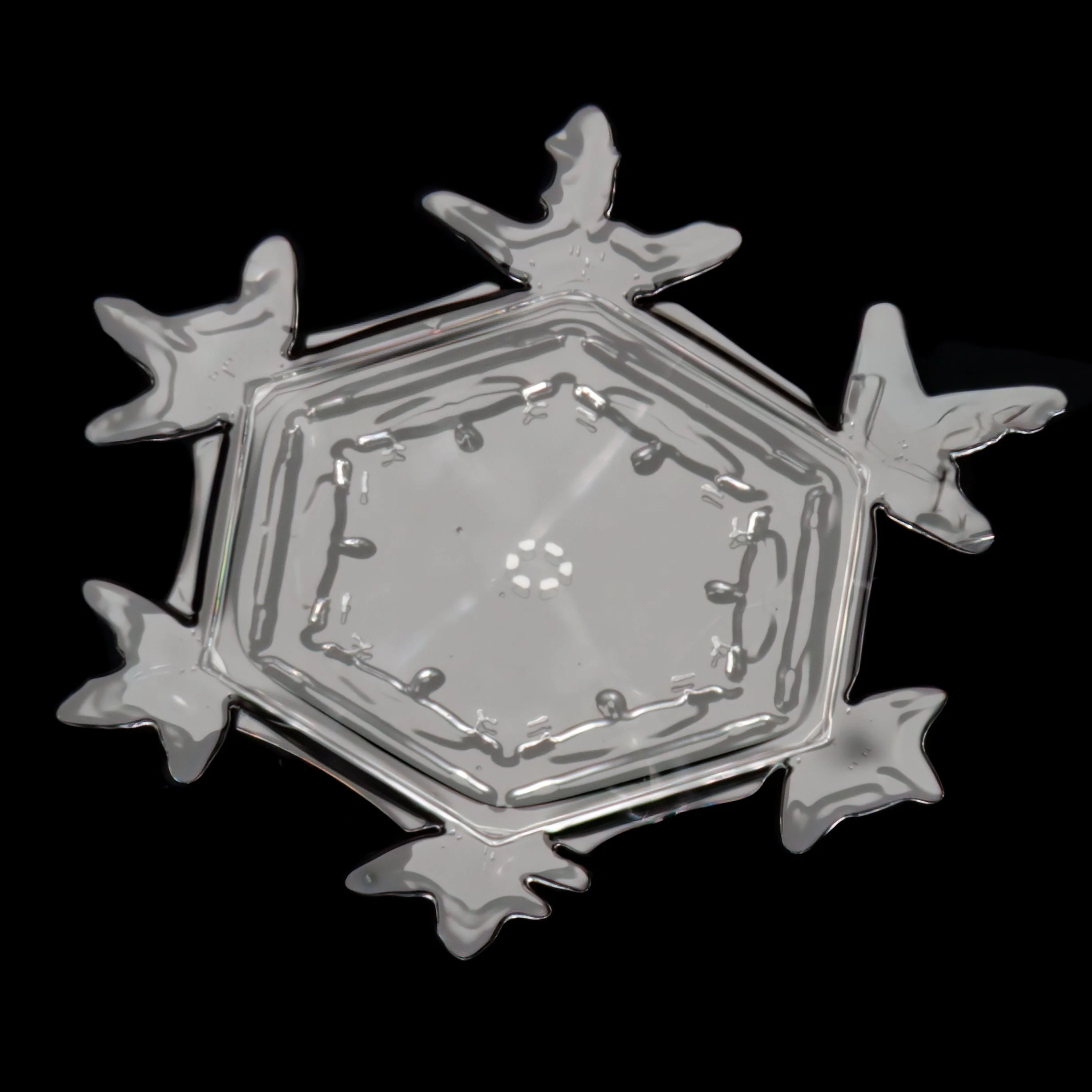 Macro photograph of a sectored plate snowflake with a hexagonal pattern in the center and symmetrical branches.