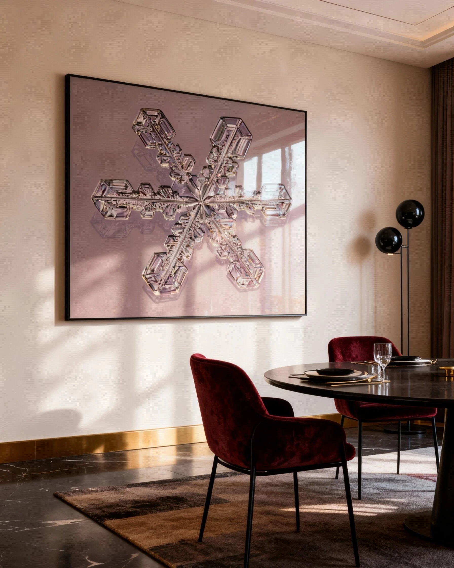 A fine art framed print of a stellar dendrite snowflake