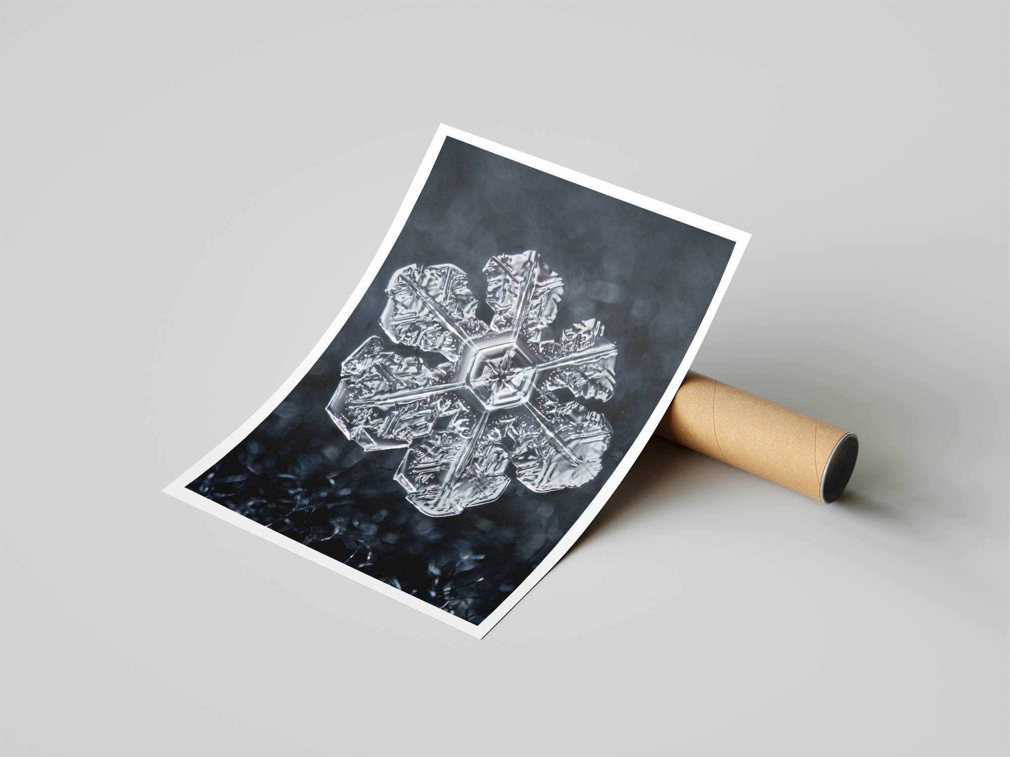 Photograph of a snowflake captured in extreme close-up, printed on a sheet of paper mounted on a cardboard tube.