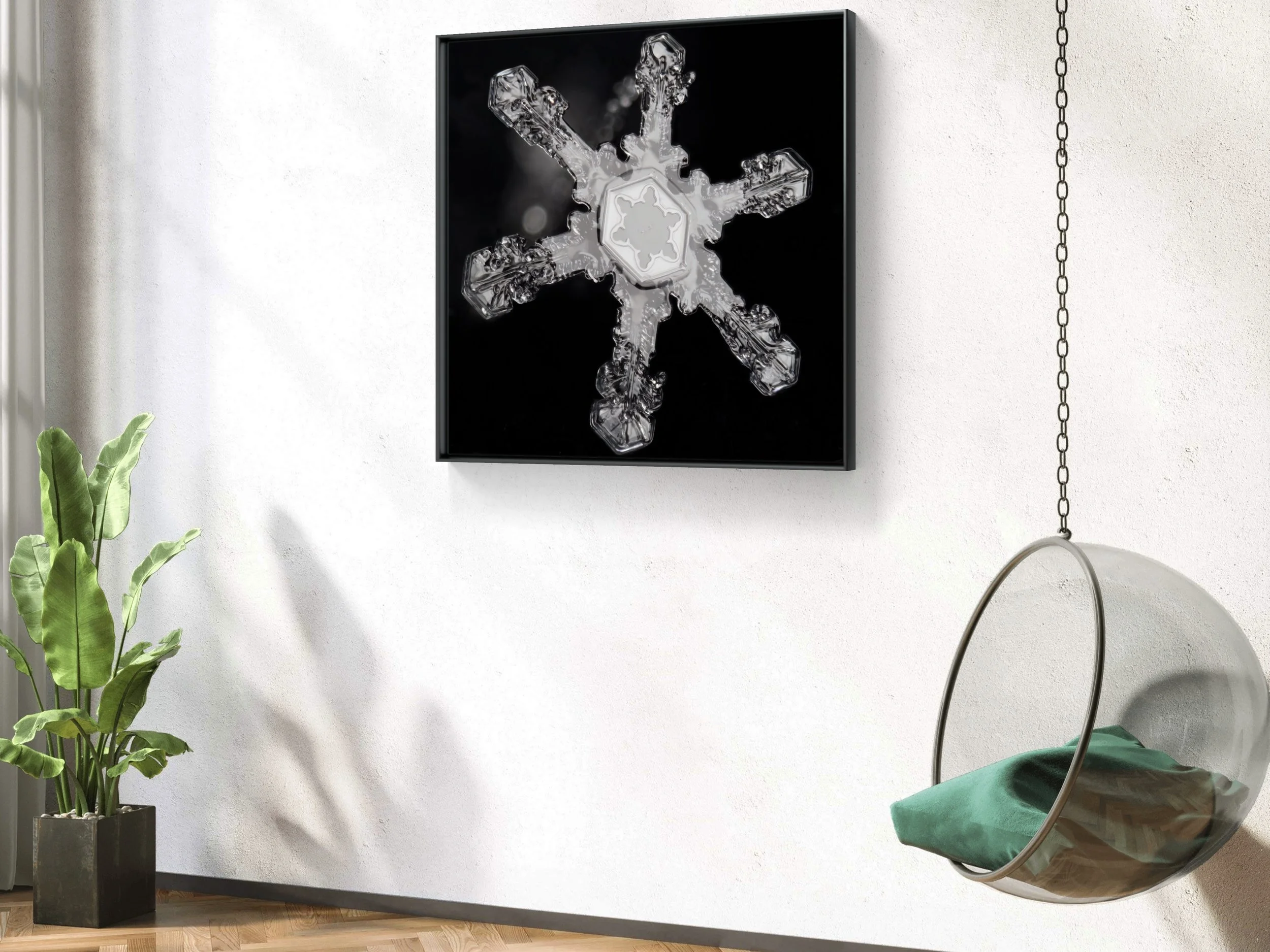 A framed image of a snowflake on a white wall in a room with a chair hanging from the roof.