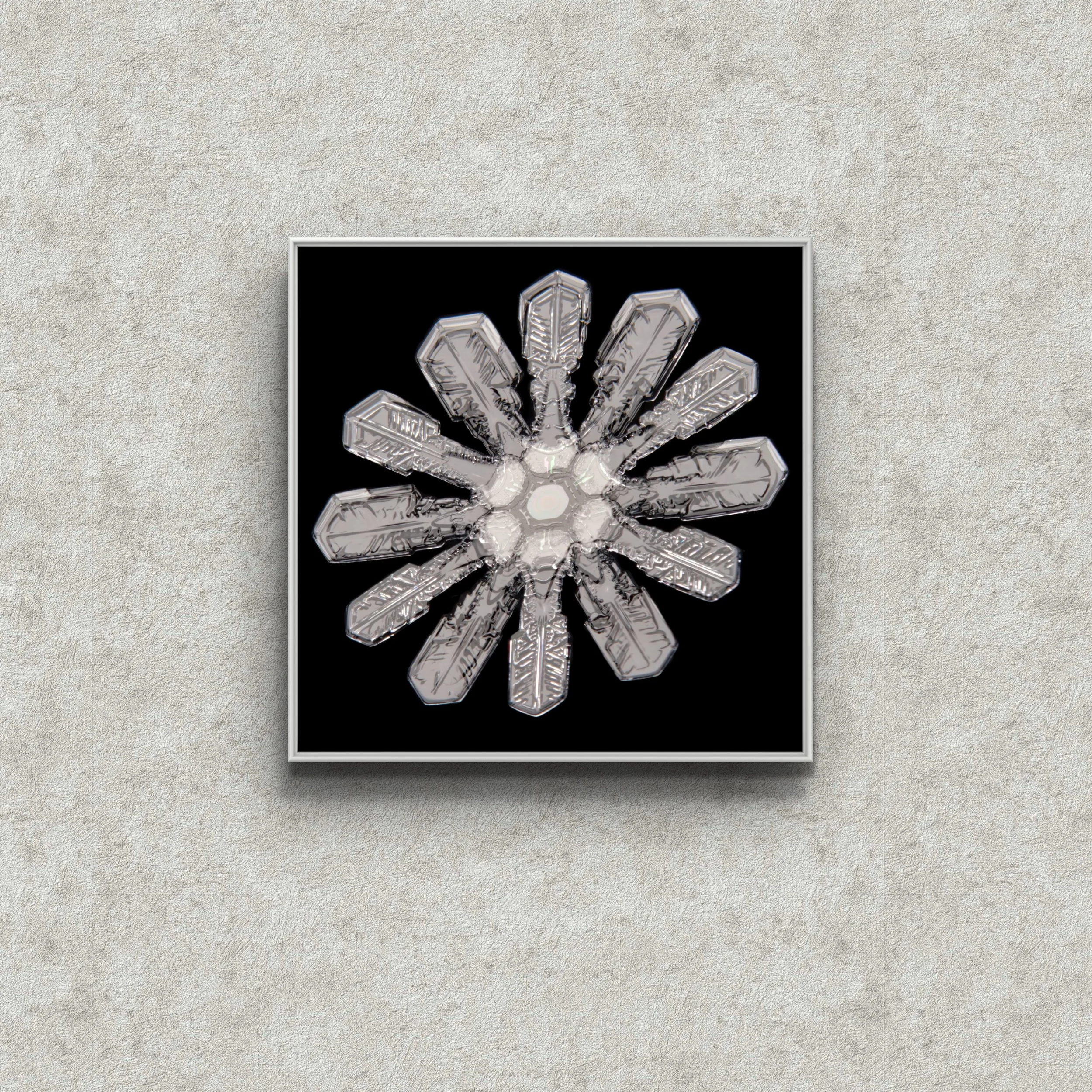 A radiant plate snowflake glowing with electric thin‑film colours, like a bolt of winter light.