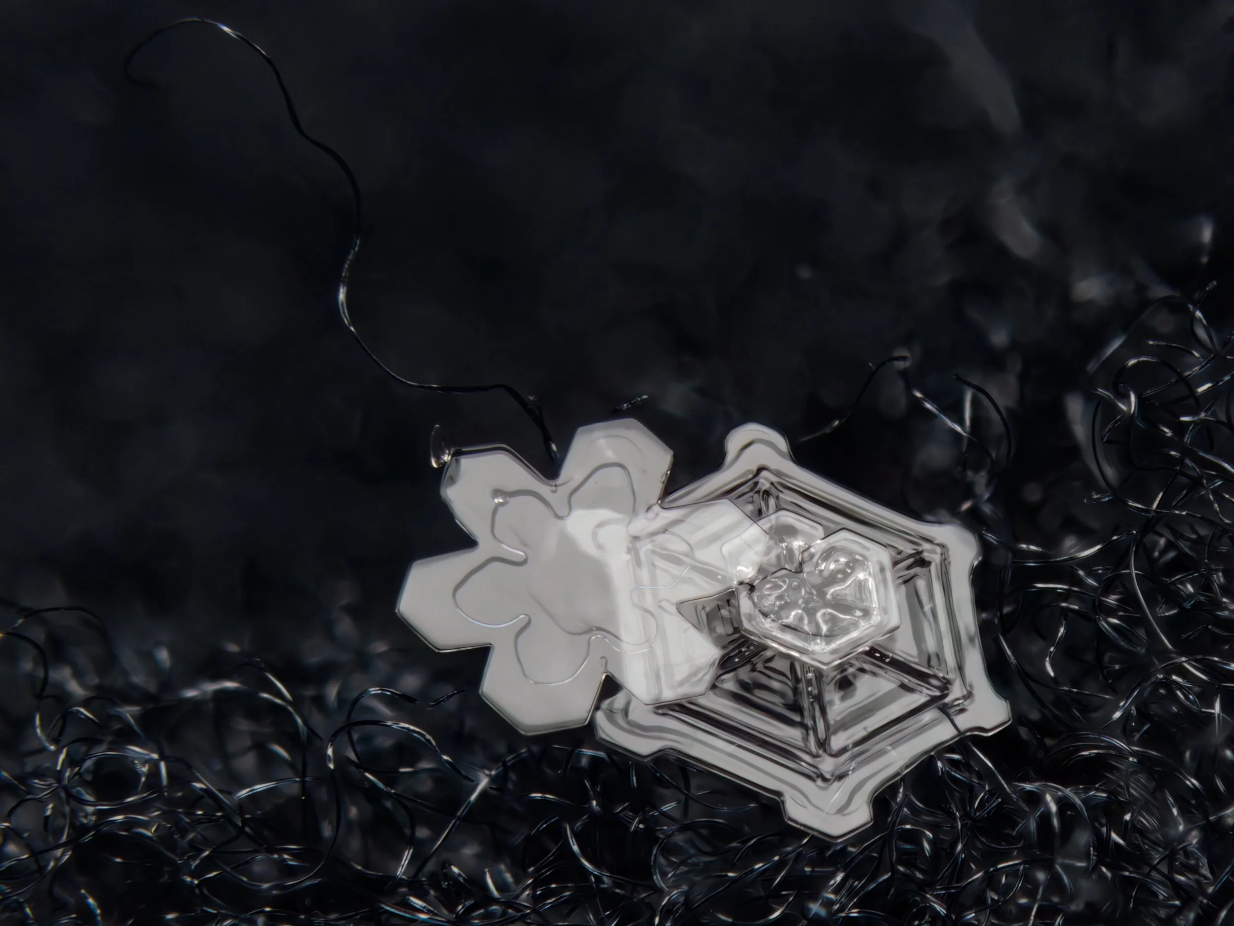 A macro photograph of two different shaped snow crystals attached to each other.