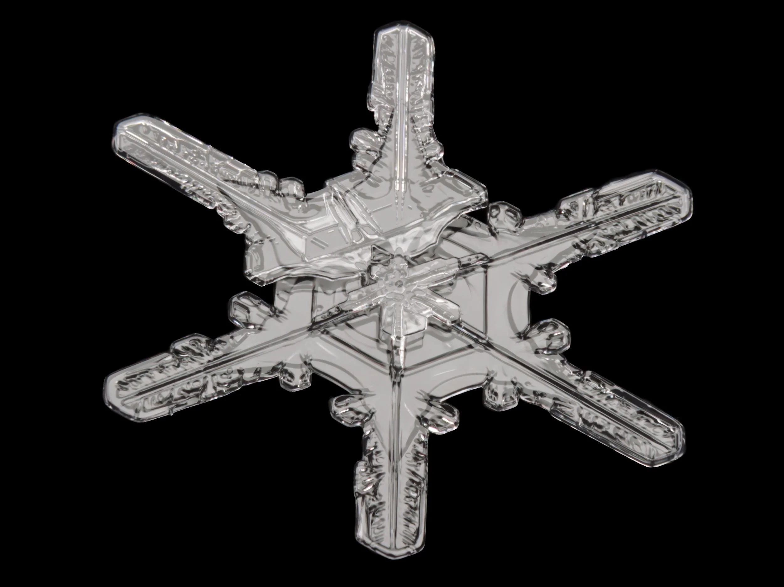 Macro photograph of a clear, detailed stellar dendrite snowflake.