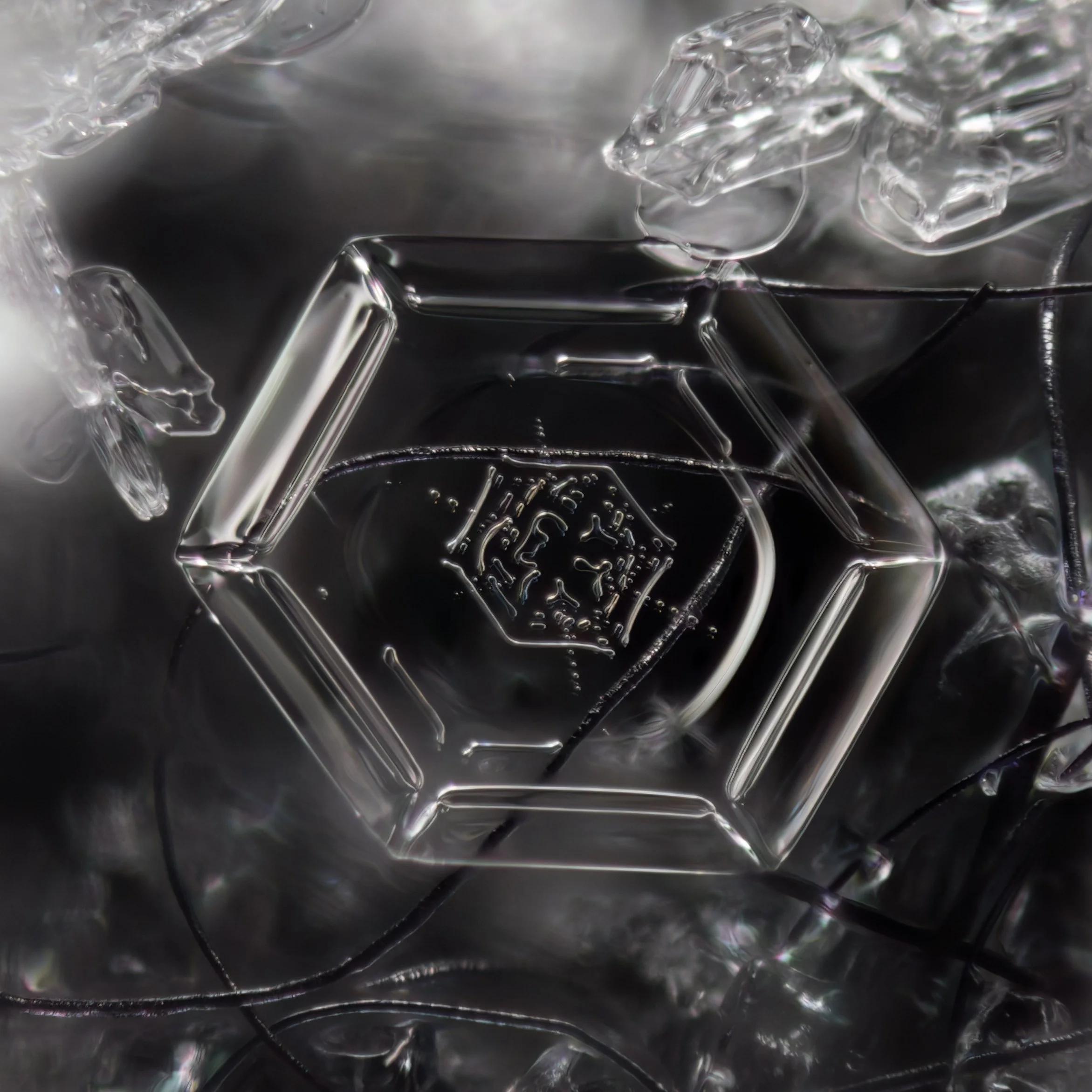 Macro photograph of simple plate snow crystal with a special pattern in the center part, surrounded by ice.