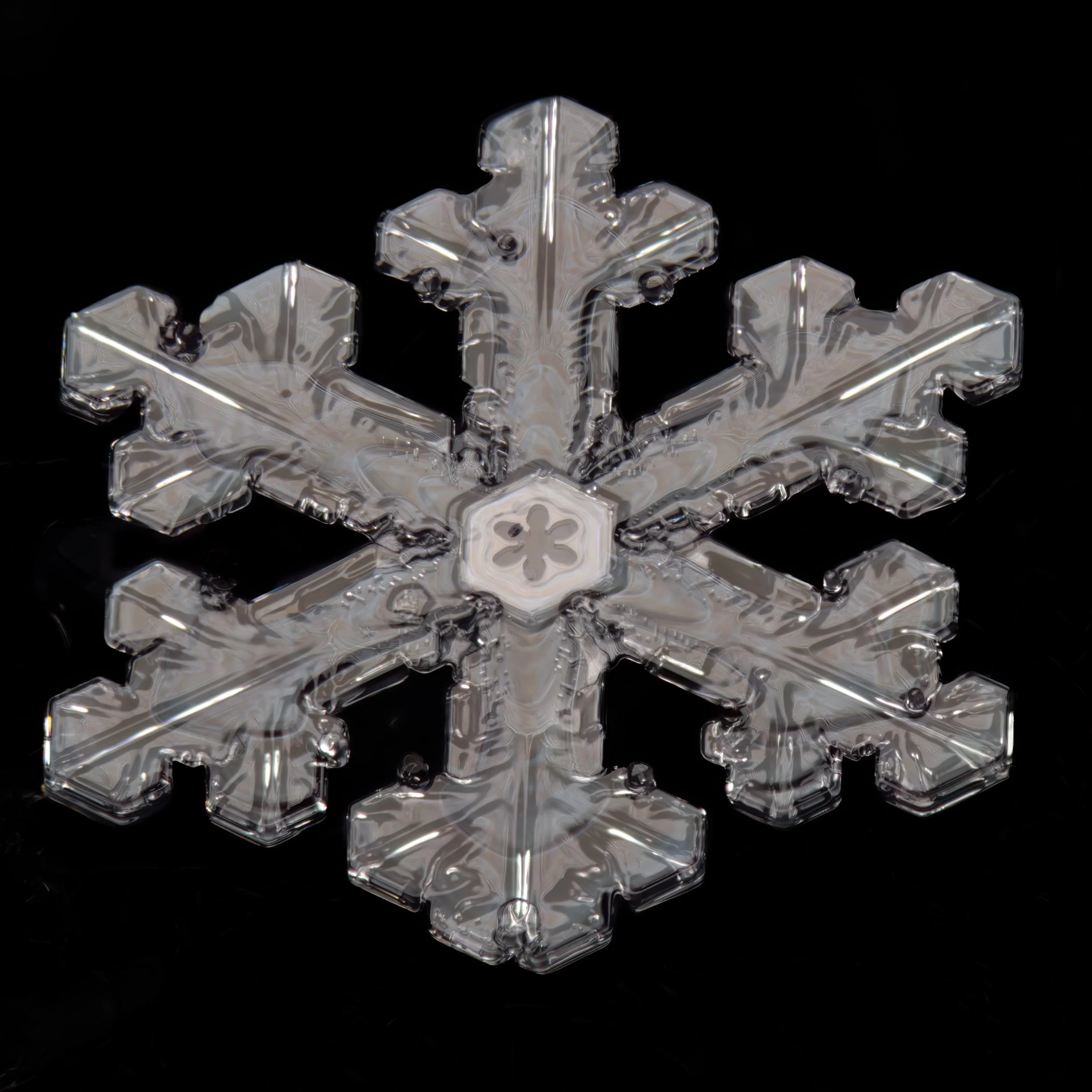 Macro photograph of a clear, detailed stellar dendrite snowflake.