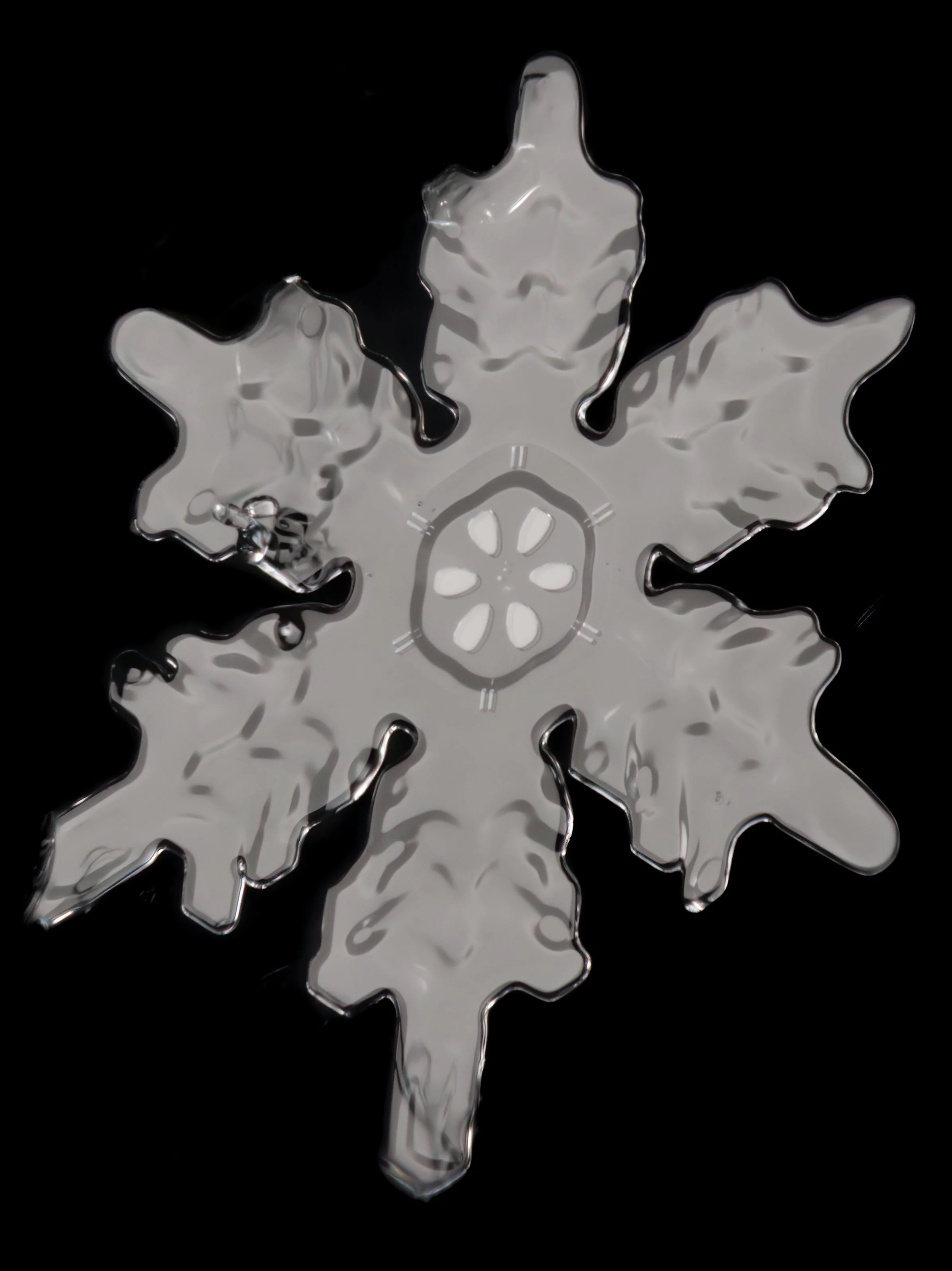 Macro photograph of a snowflake with wide blades and an interesting center pattern.
