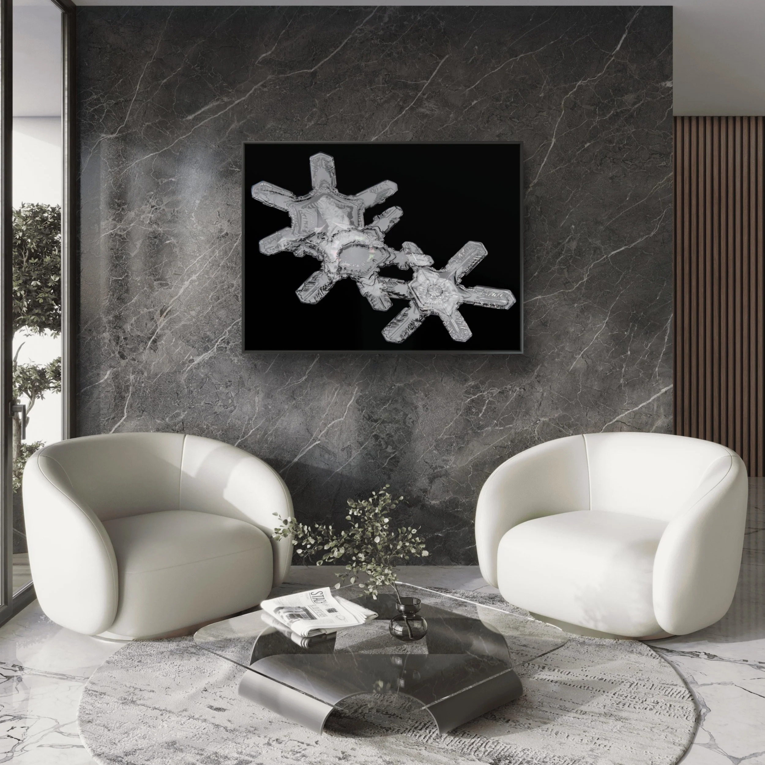 Highly detailed snowflake image featuring triple structures and clear, glassy surfaces against a dark background.