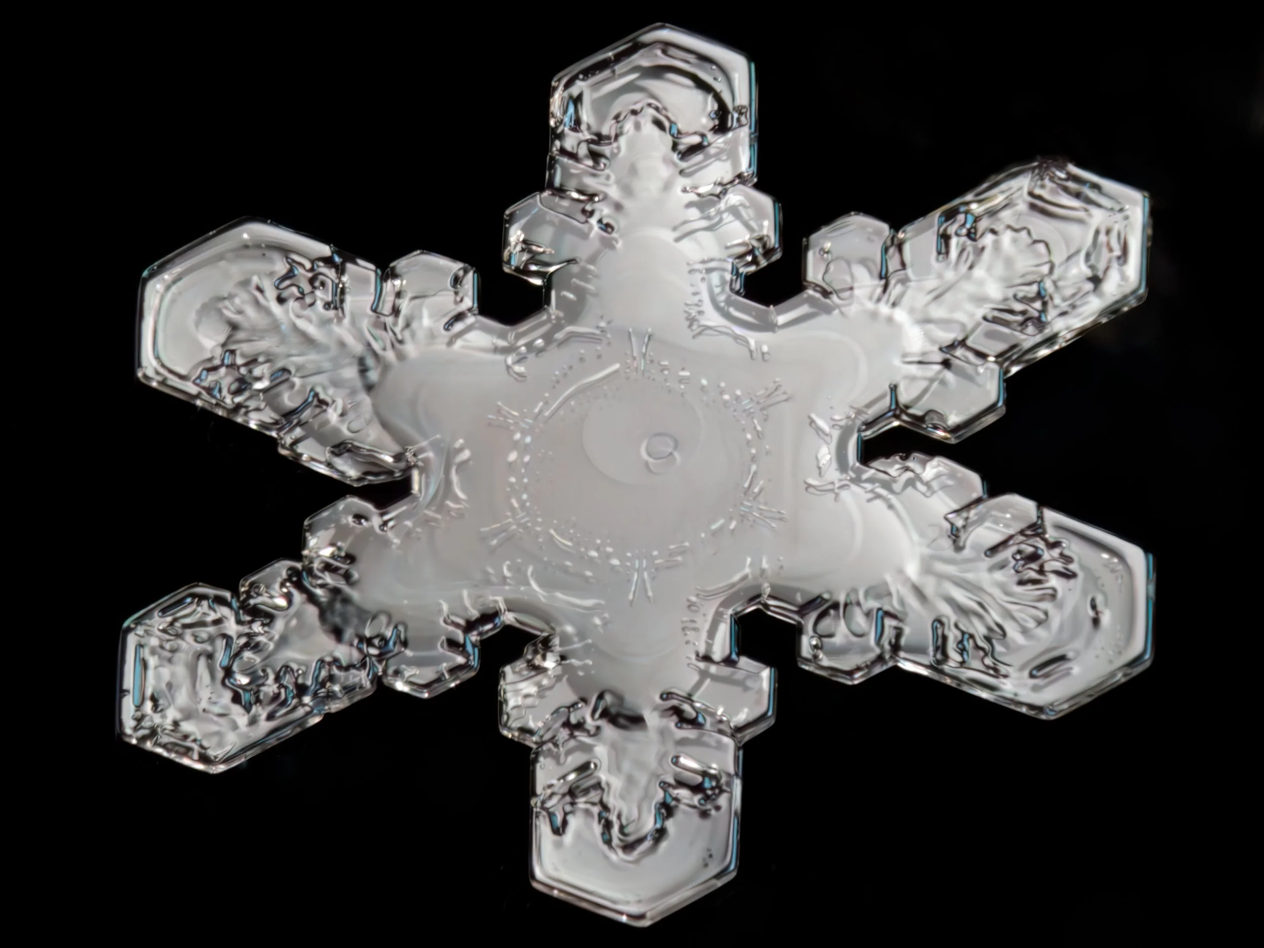 Macro photograph of a detailed, six-sided snowflake with intricate ice crystal patterns.