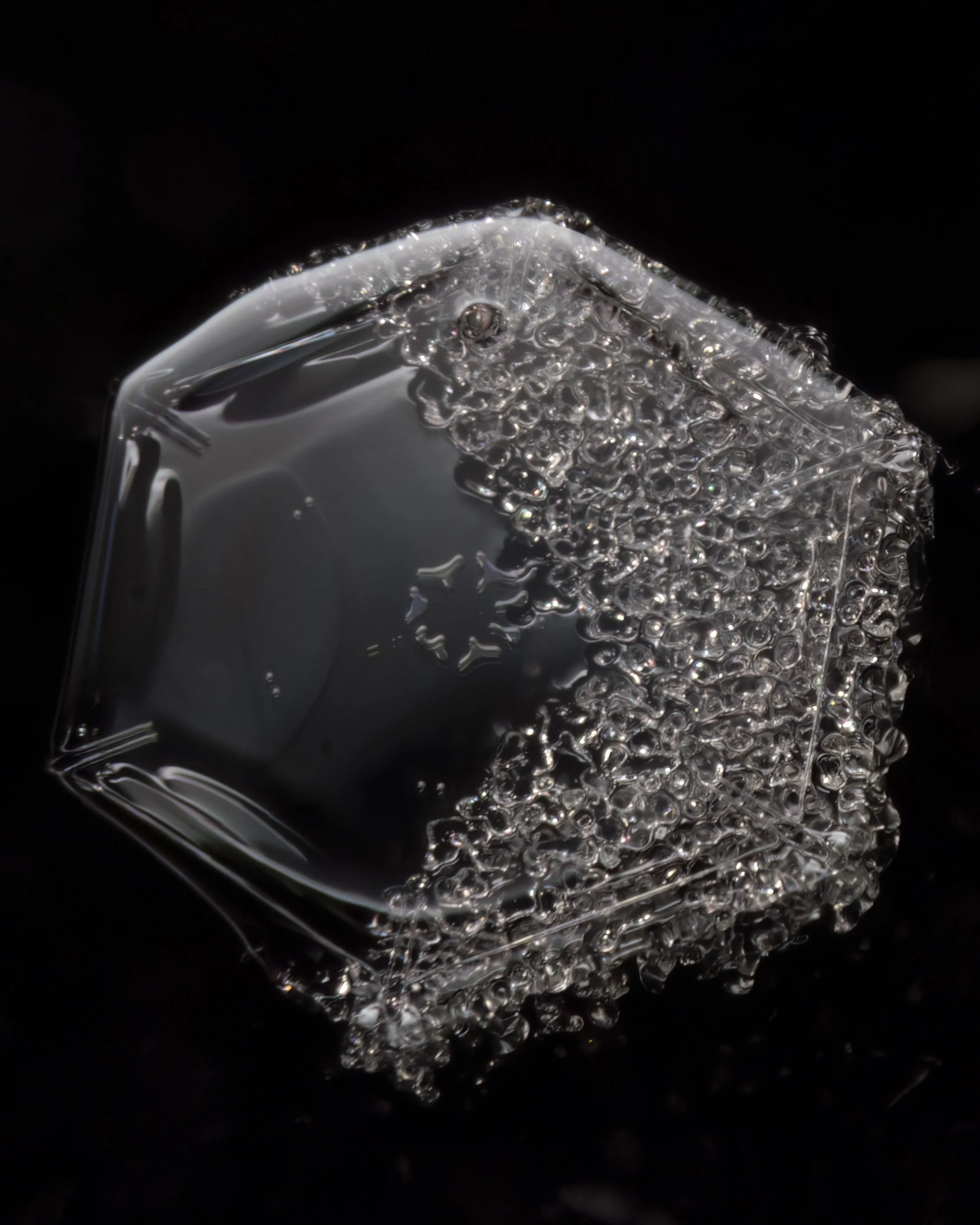 Macro photograph of a hexagonal plate-shaped snow crystal with rime.