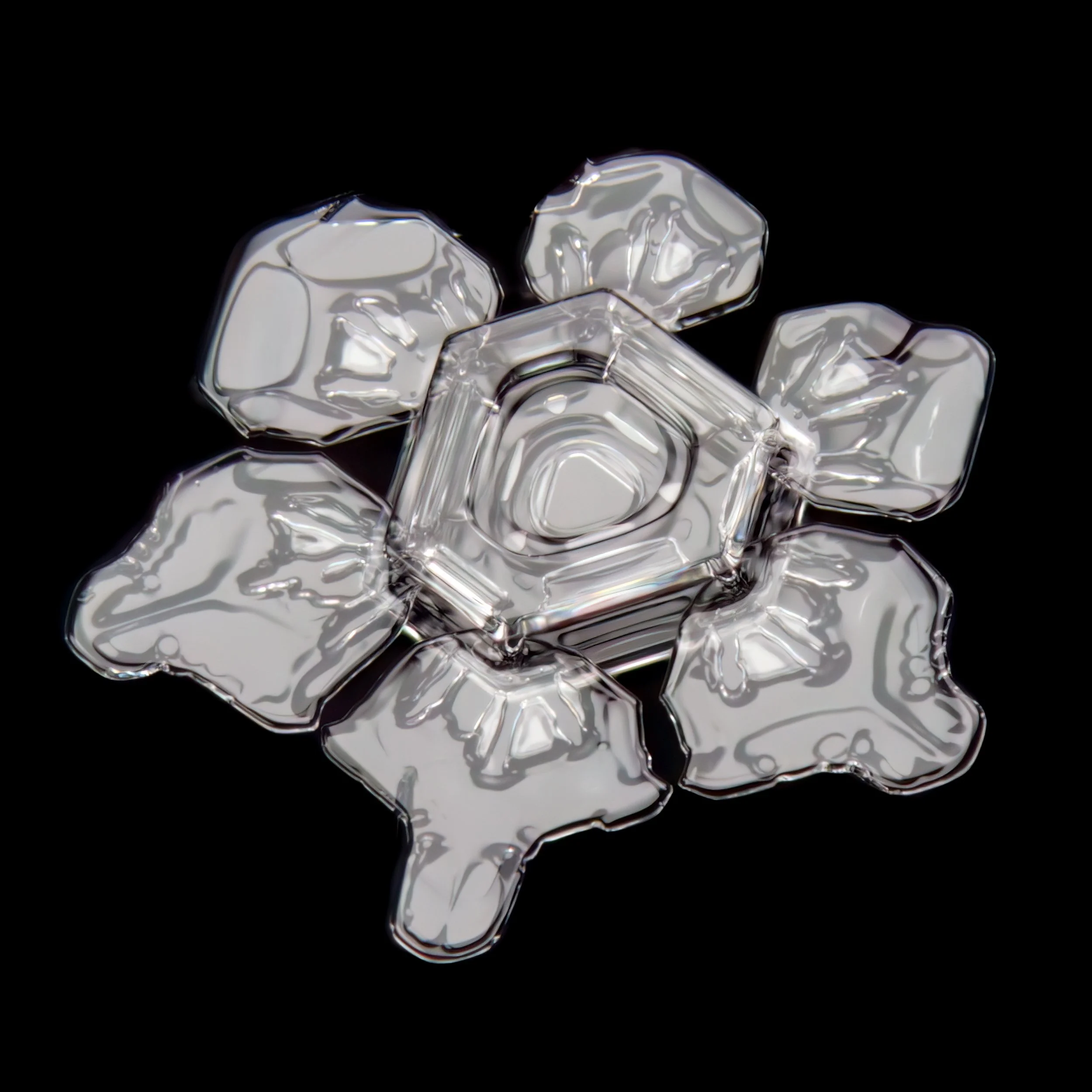 Macro photograph of a sectored plate snowflake with a thick hexagonal pattern in the center.