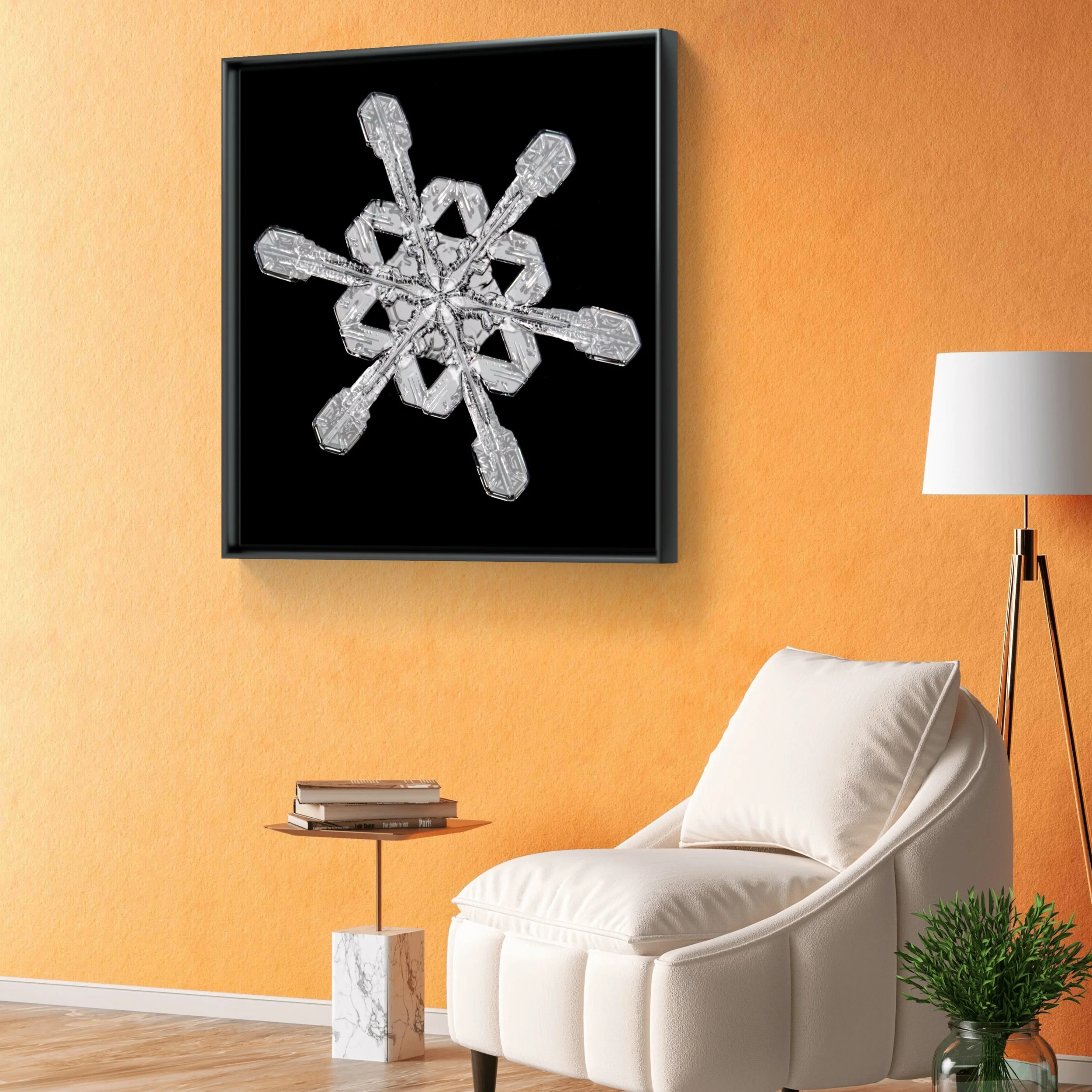 A framed picture of symmetrical stellar dendrite snowflake photographed in Oulu