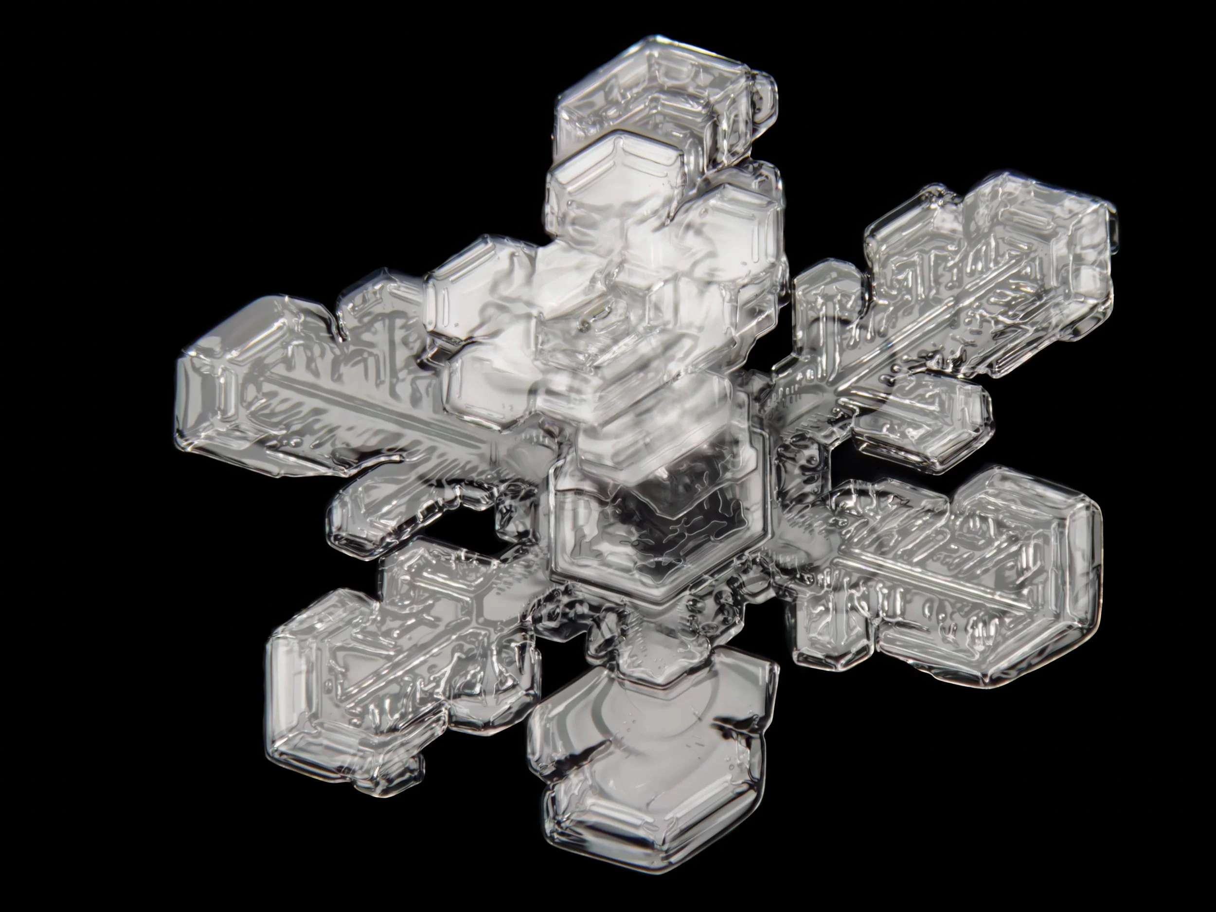 Macro photograph of a snowflake with intricate crystalline structure.