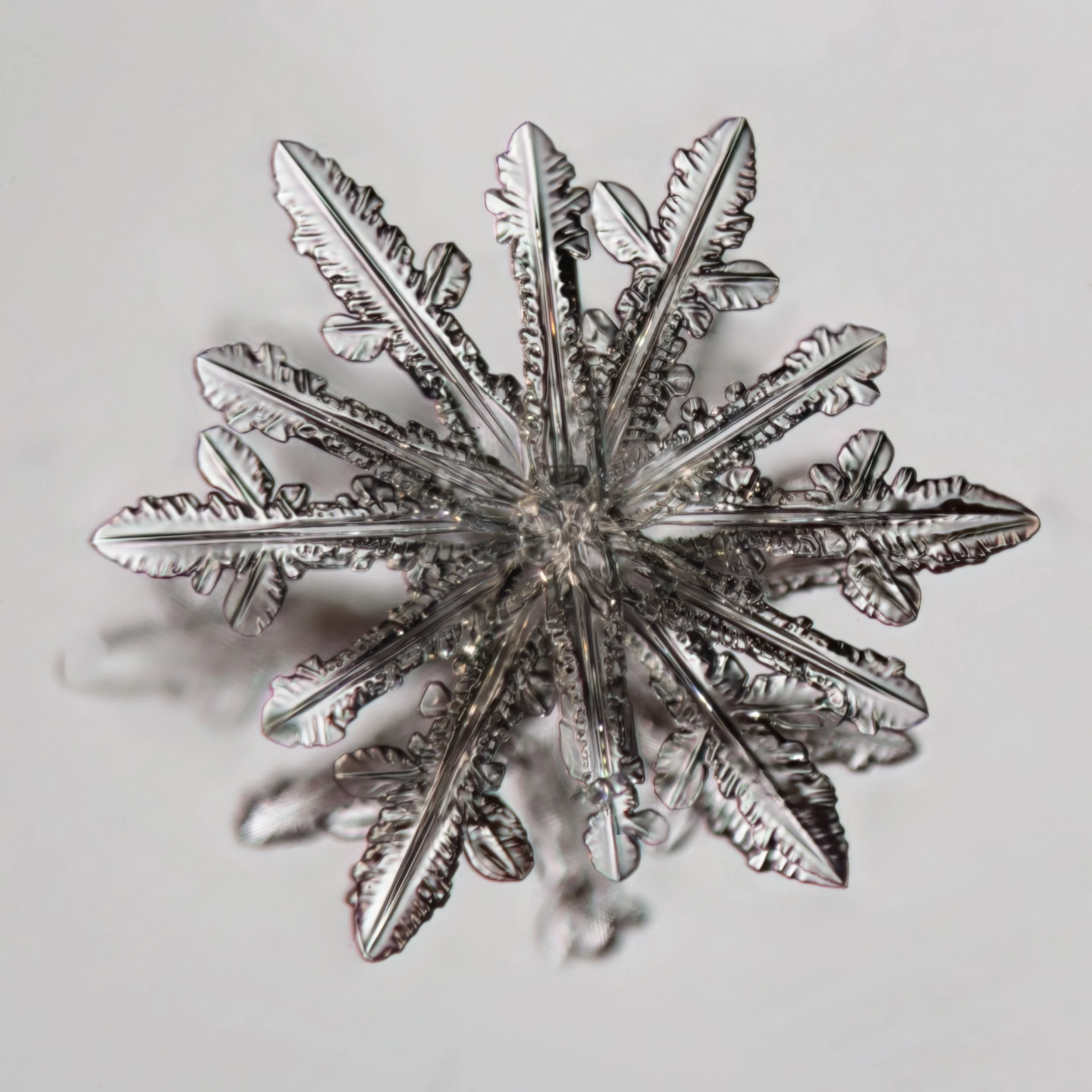 Macro photograph of a twelve-branched snowflake with intricate ice crystal patterns.