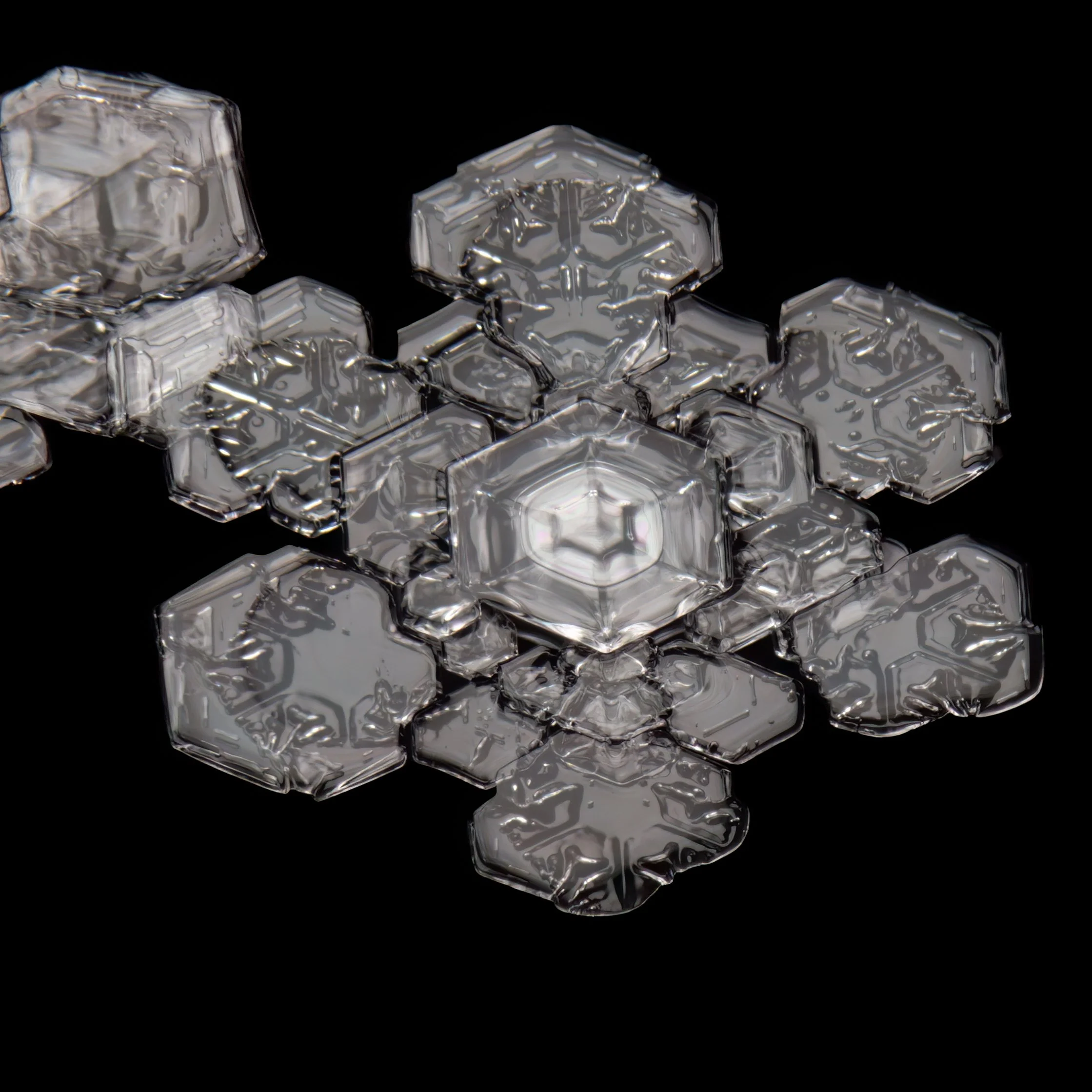 Macro photograph of a large, geometric snowflake.