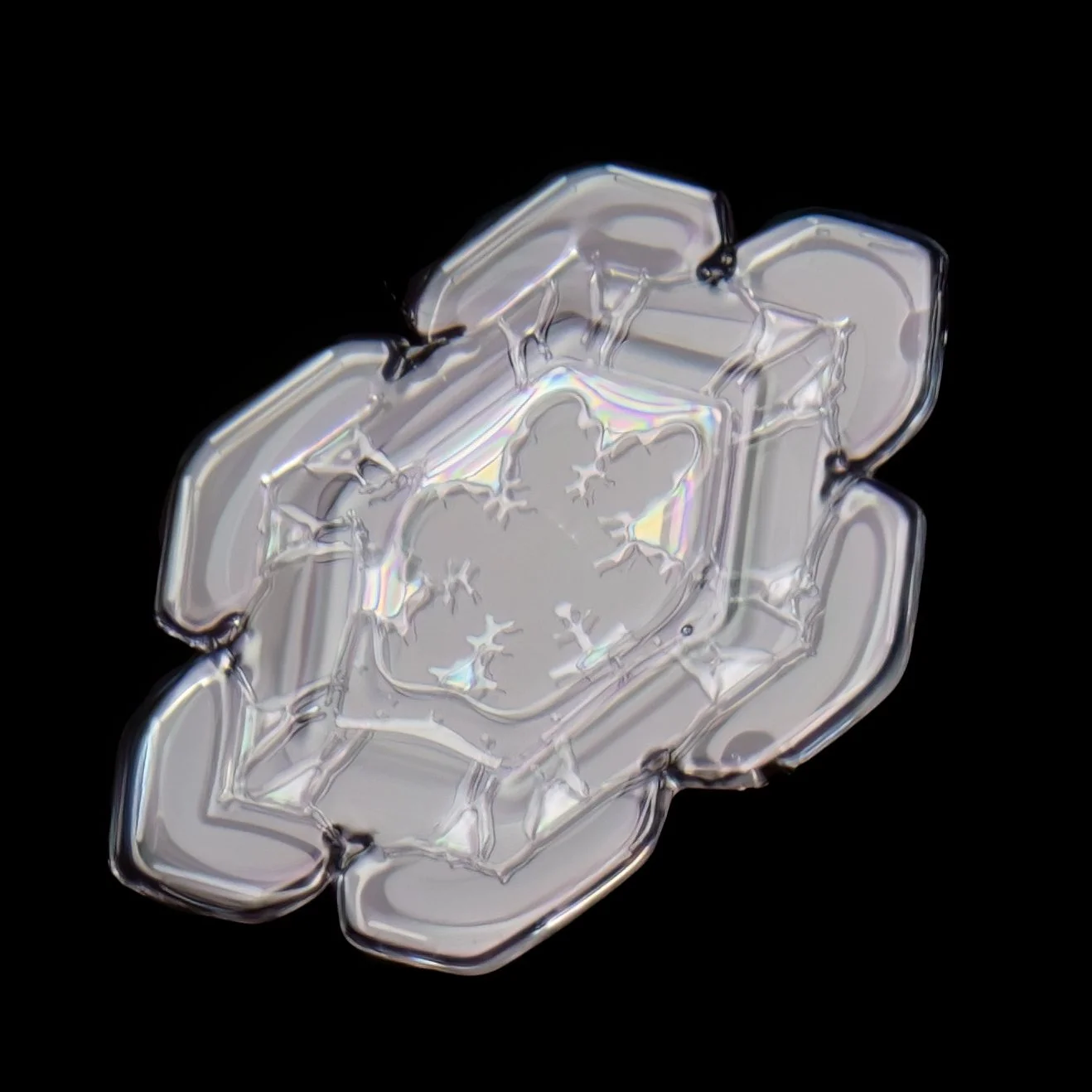 Macro photograph of a clear, decorative sectored plate snowflake.