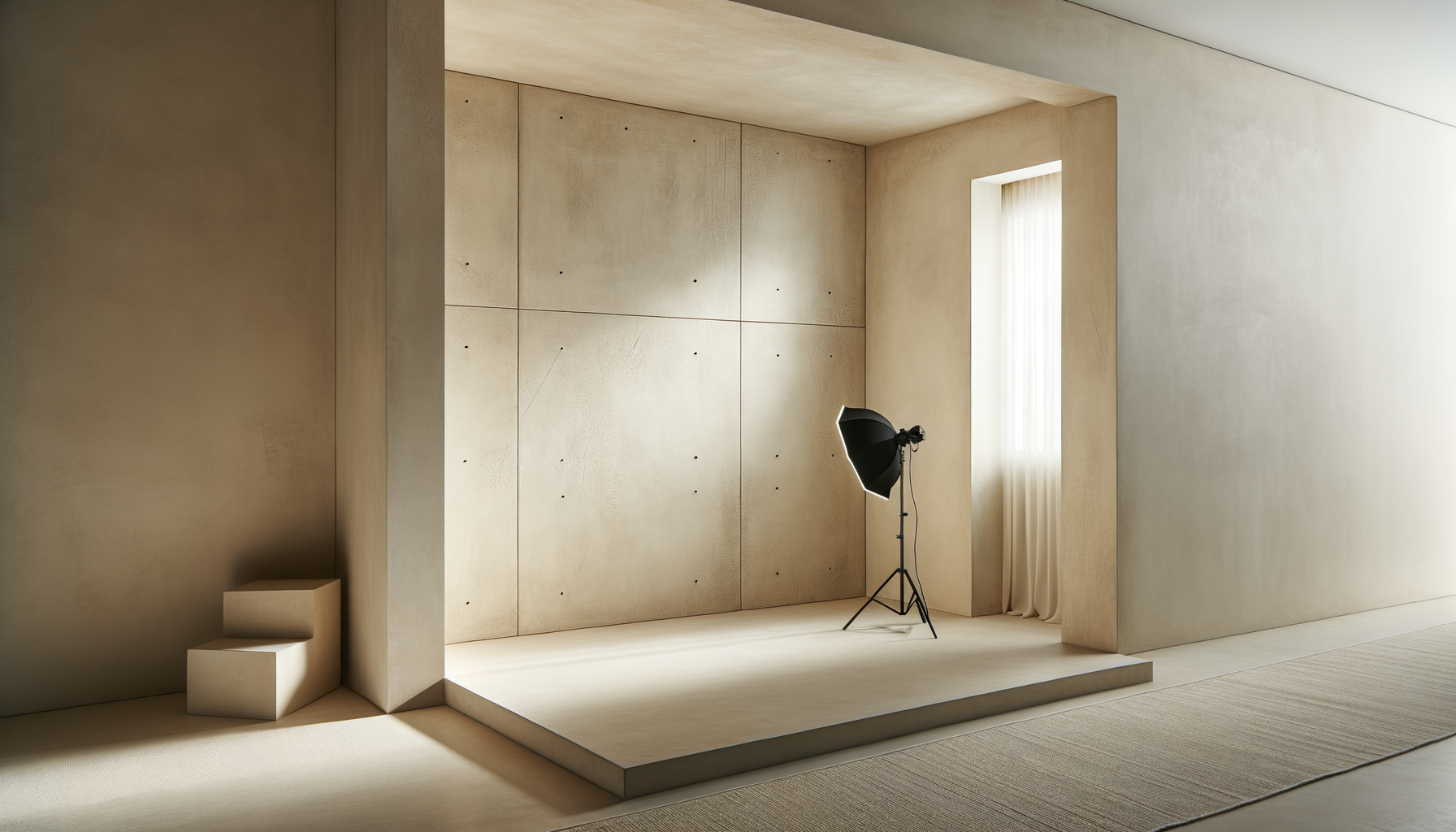A minimalistic photography studio with beige walls and a small stage, with a professional studio light on a tripod facing the stage and a tall window with sheer curtains letting in natural light.