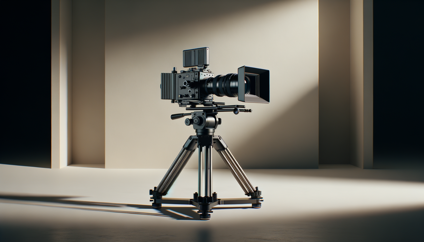 Professional digital cinema camera on tripod in a studio with controlled lighting.