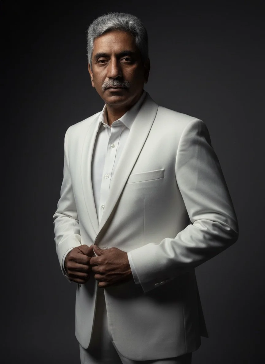 A middle-aged man with gray hair and a mustache wearing a white tuxedo and shirt, standing against a dark background.