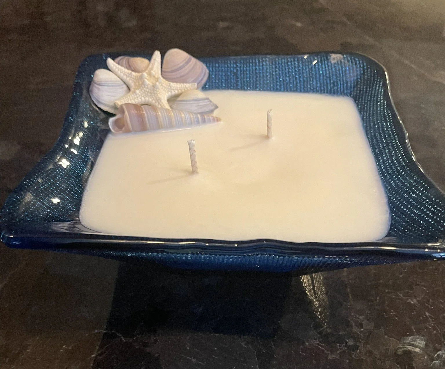 Vintage Blue Mid‑Century Square Glass Dish Candle — Unscented