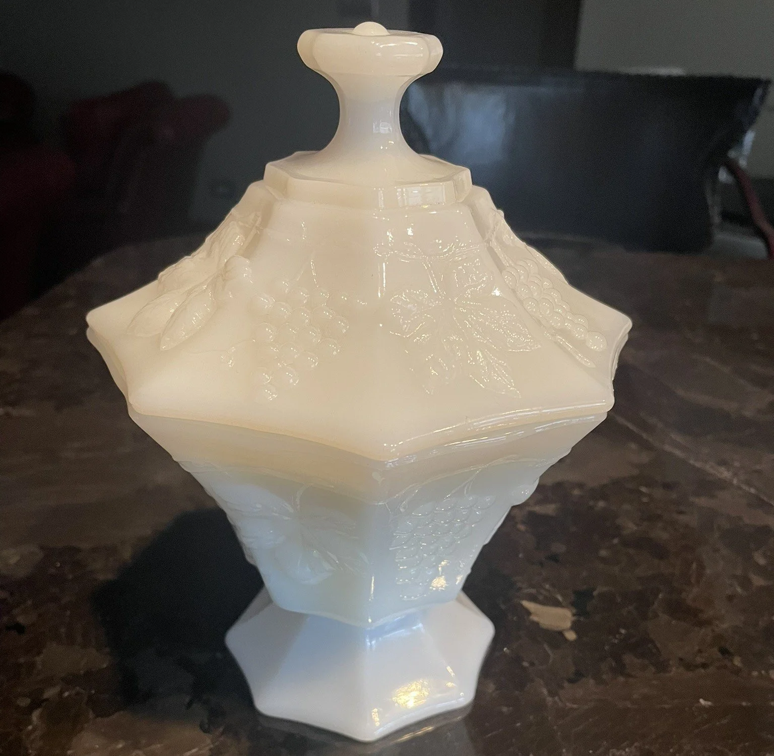 Vintage Indiana Glass Harvest Grape Milk Glass Covered Dish Candle – Verbena Bamboo