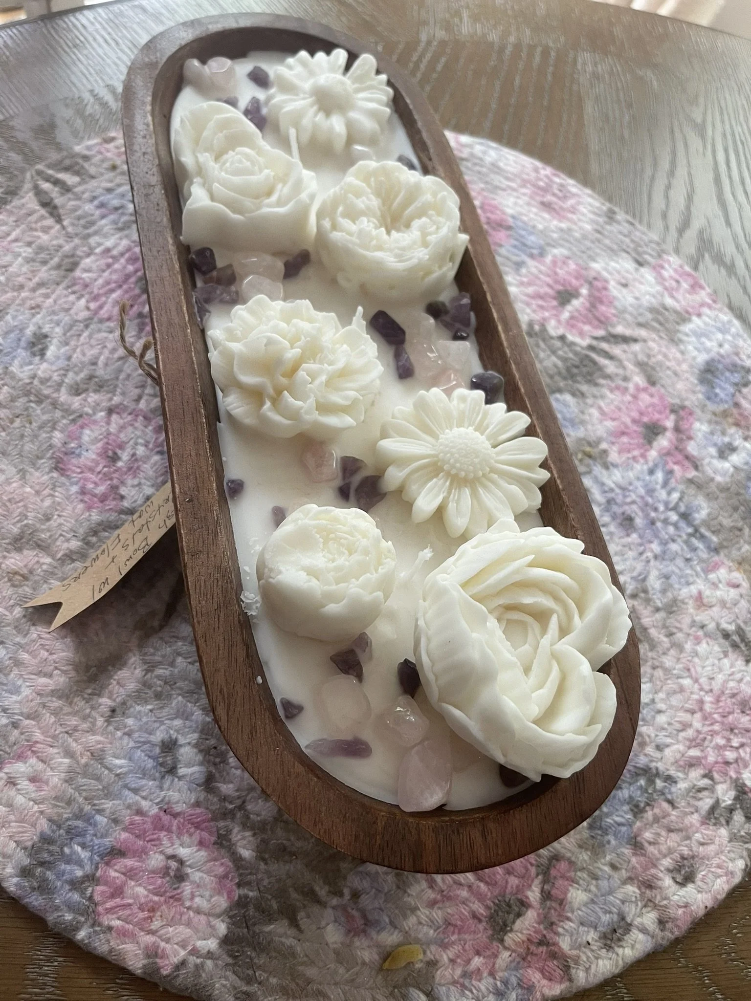 Hand‑Poured Coconut Soy Dough Bowl Candle with Wax Flowers & Healing Crystals