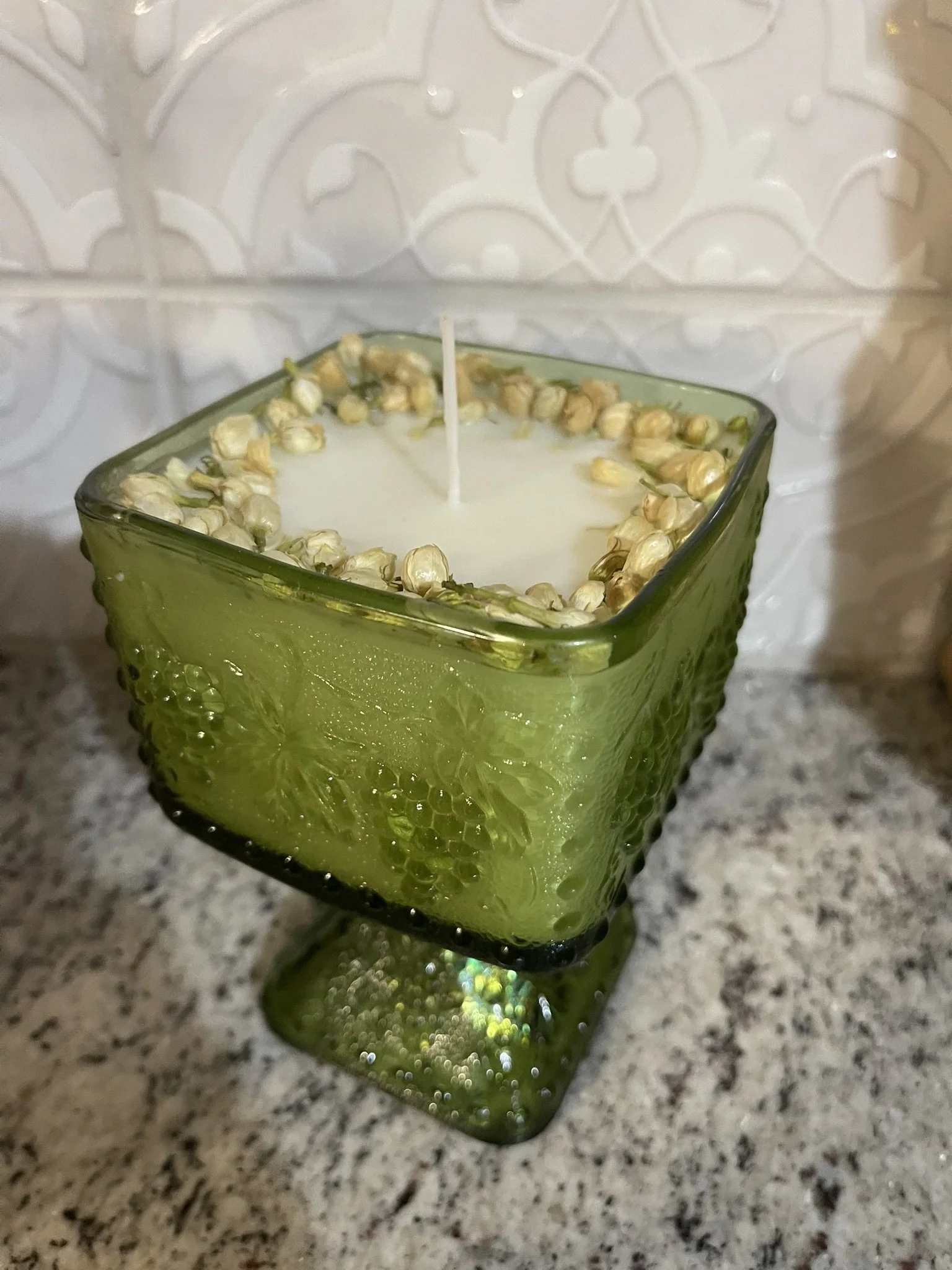 Vintage Indiana Glass Green Compote — Jasmine Flower Adorned (Unscented)