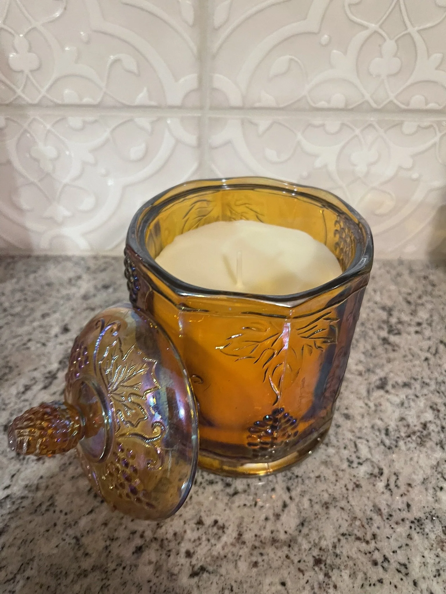 Gold Covered Carnival Glass Covered Candle