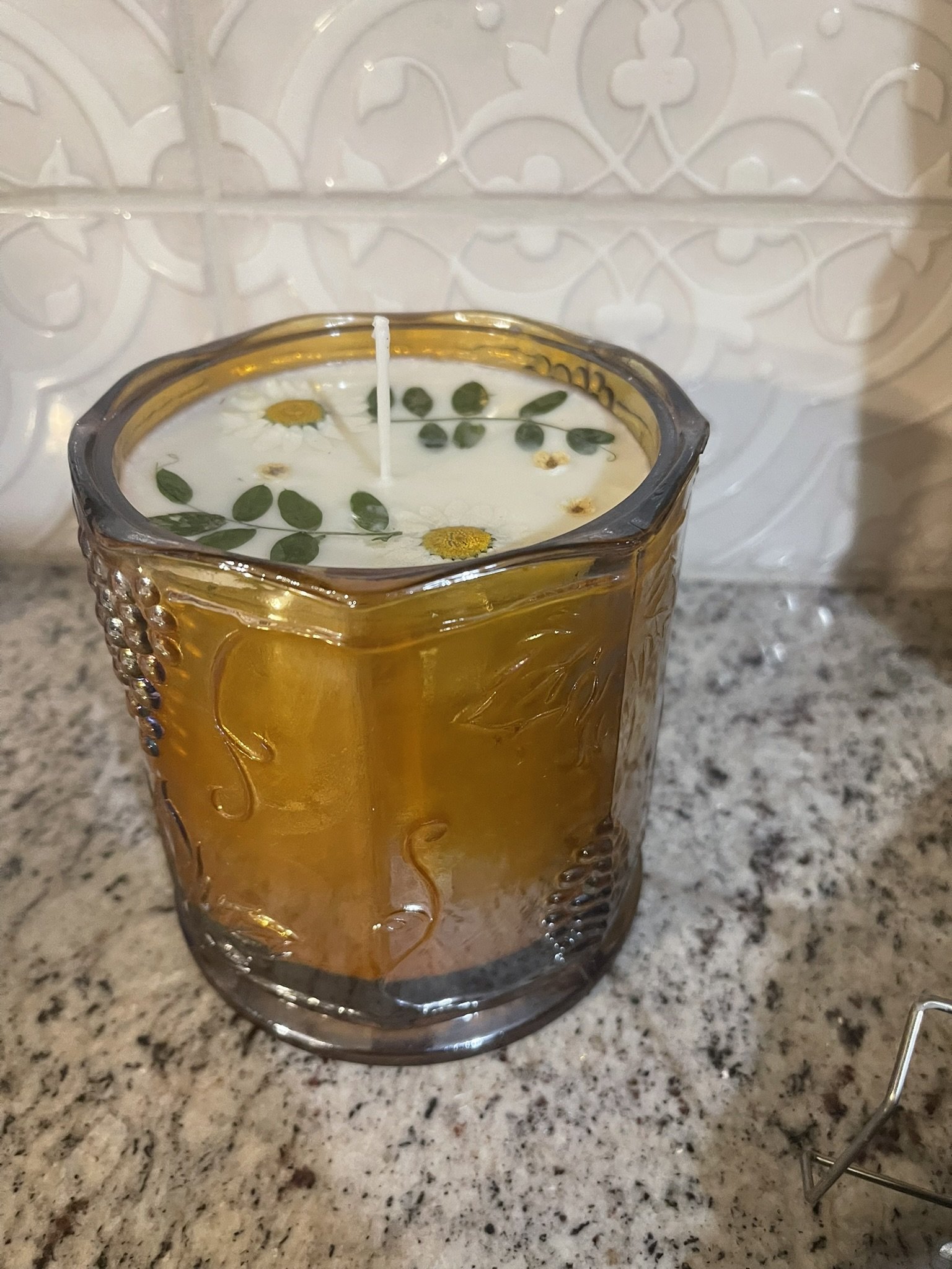 Vintage Indiana Glass Amber Candle — Unscented with Embedded Botanicals