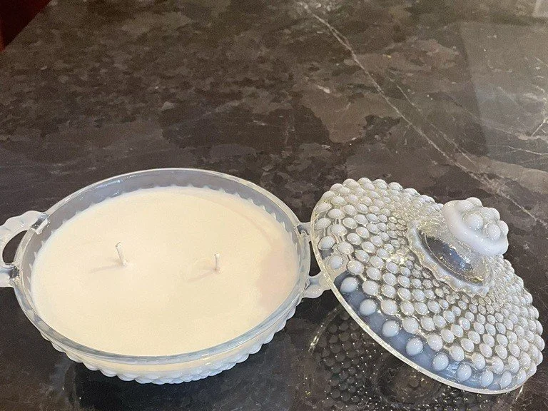 Vintage Fenton Moonstone Hobnail covered candy dish