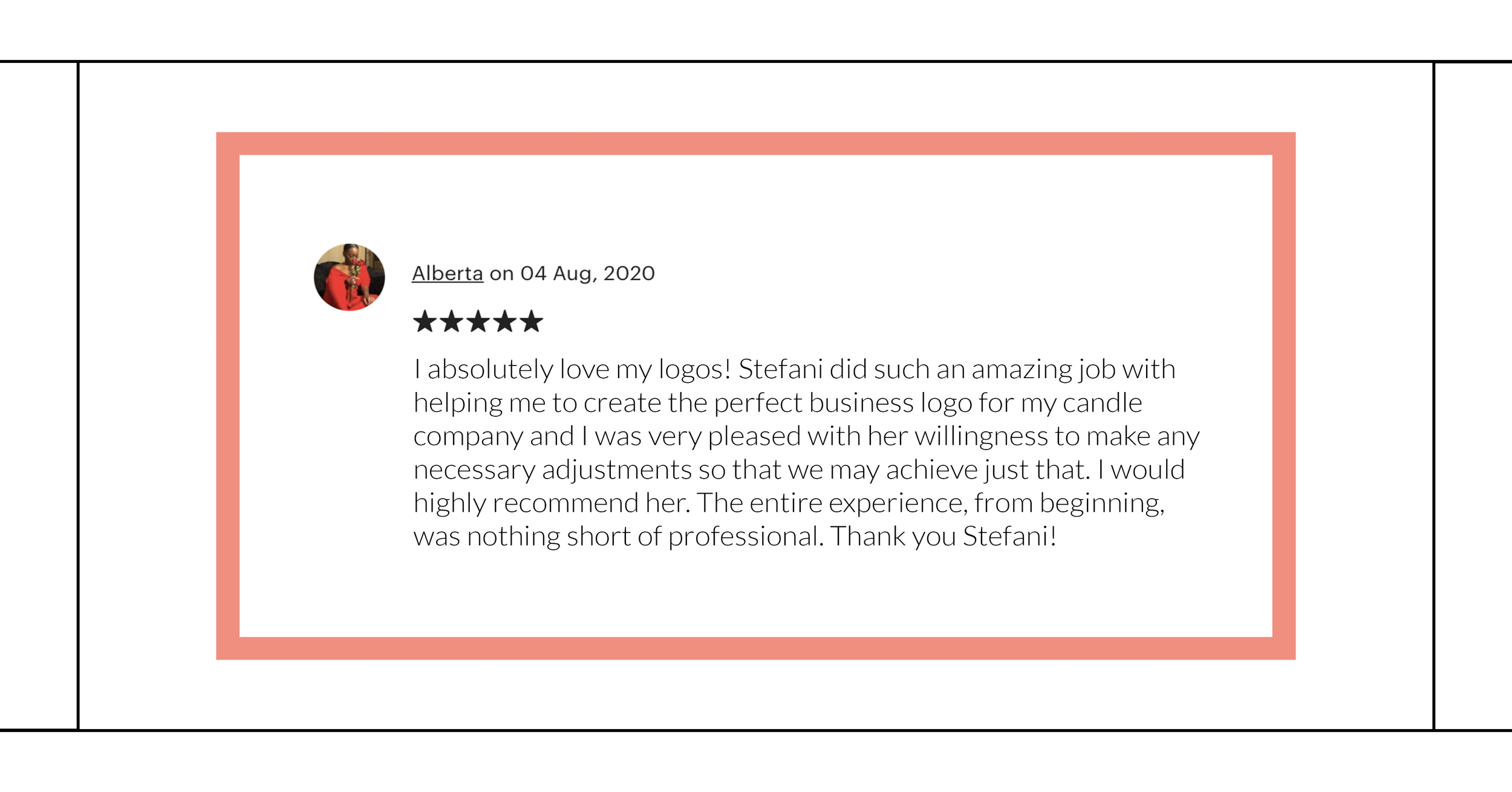 Customer review with five stars, dated August 4, 2020, praising Stefani for creating a business logo for a candle company, highlighting her professionalism and willingness to make adjustments.