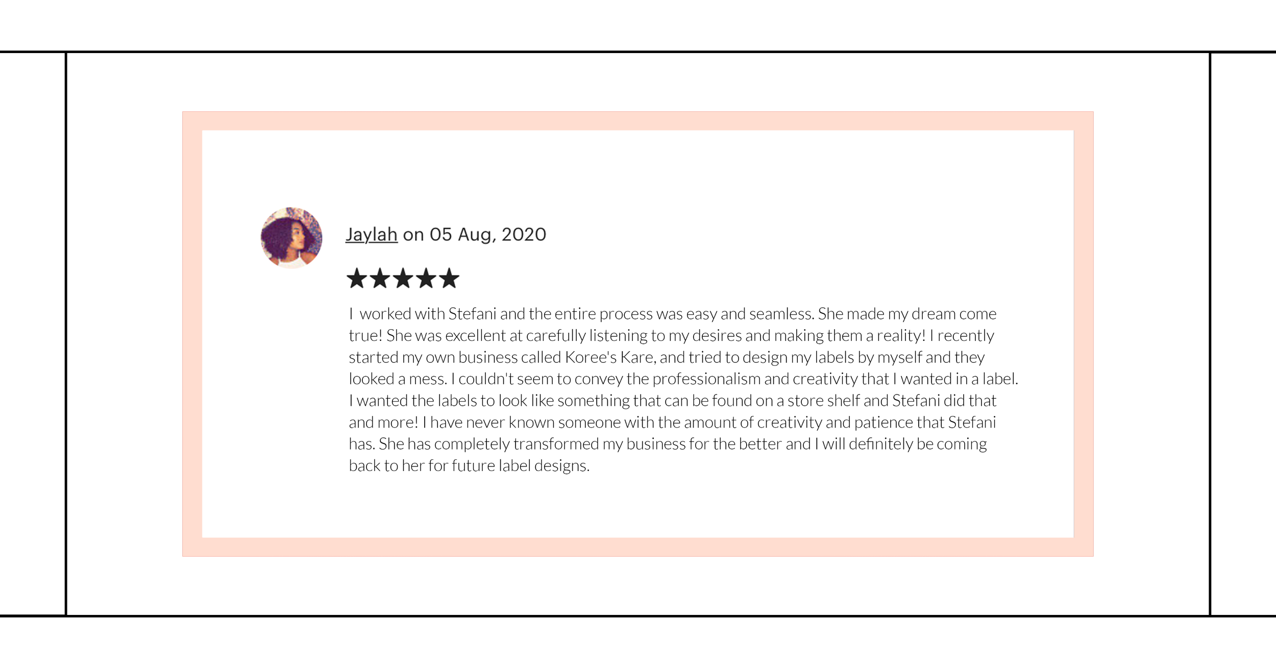 Customer review with profile picture, five-star rating, and positive feedback about a designer named Stefani and her label design services.