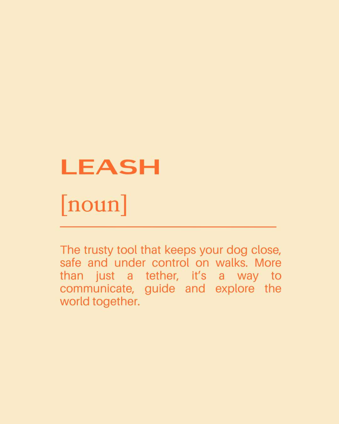 Definition of the word leash, describing it as a tool to keep your dog close, safe, and under control on walks, and emphasizing its role in communication, guiding, and exploring the world together.