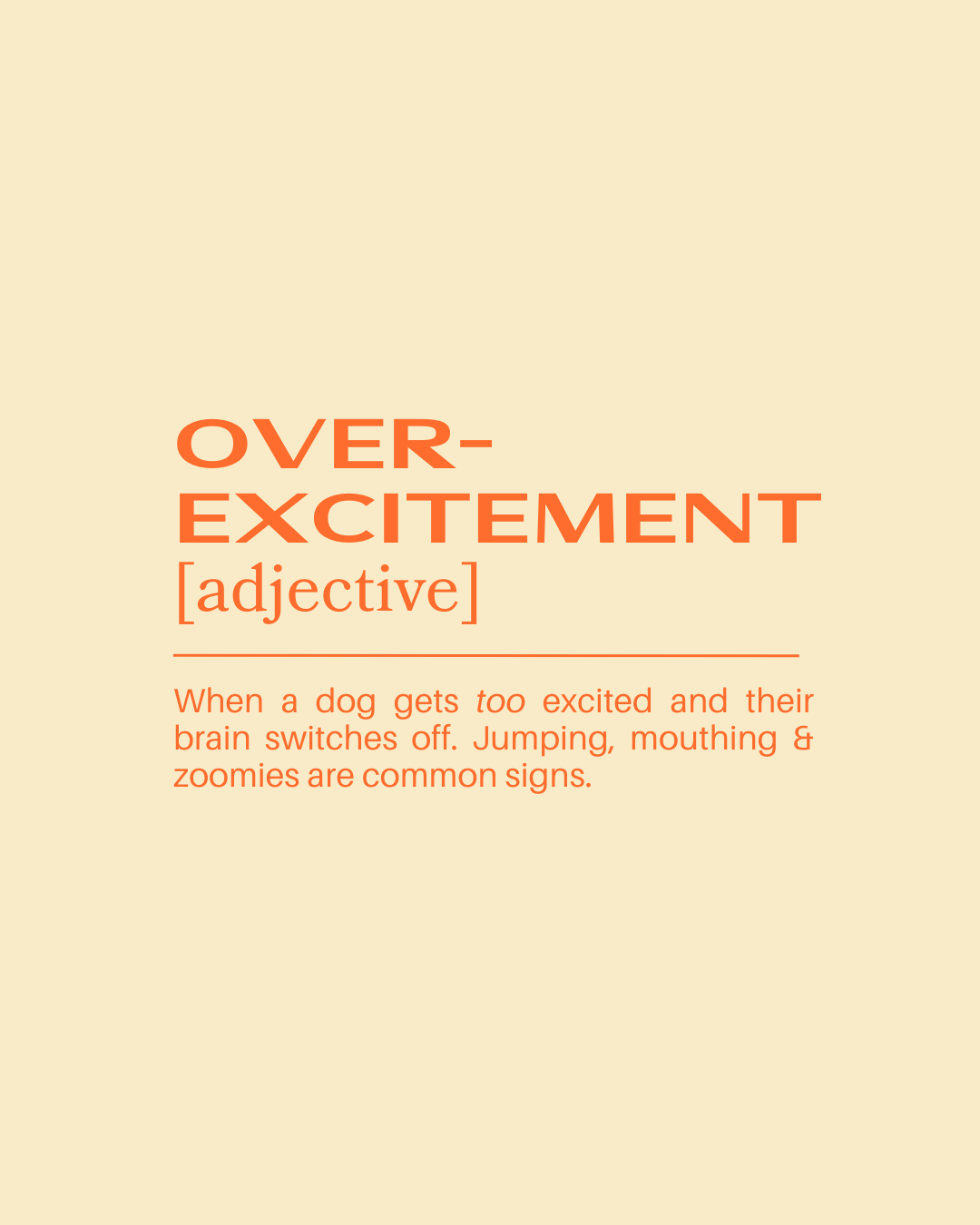 A graphic with the title 'Over-Excitement' with the word 'adjective' in brackets, and a description about dogs getting too excited, jumping, mouthing, and zoomies.