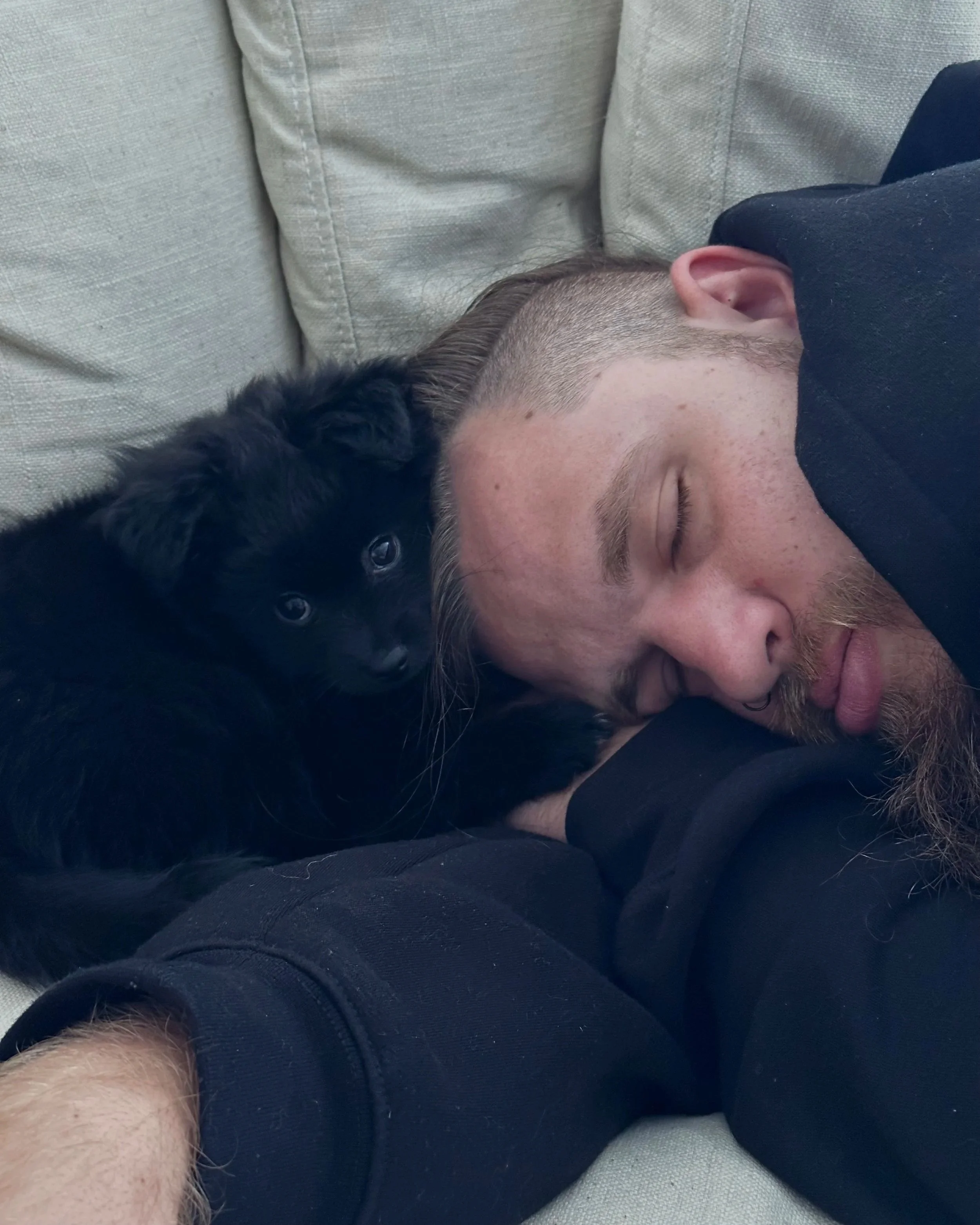 A man with a beard and a short haircut sleeping on a couch, cuddling a black puppy with shiny fur and big eyes.