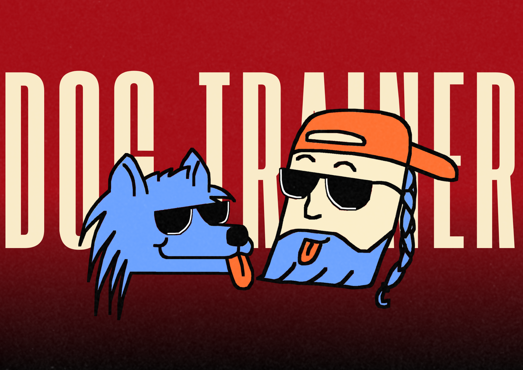 Cartoon illustration of a blue dog and a man wearing sunglasses, a baseball cap, and a ponytail, both sticking out their tongues, against a red background with the large text 'DOG TRAINED BY RAPPER'