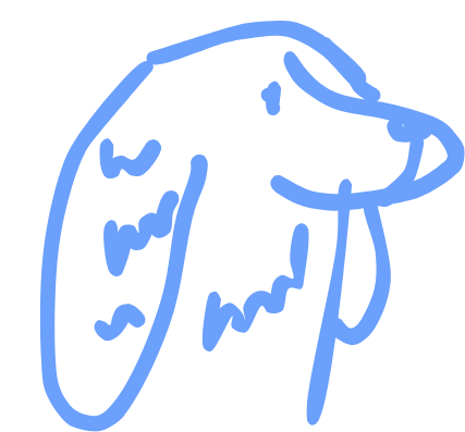 Blue line drawing of a dog's head in profile with its tongue hanging out.